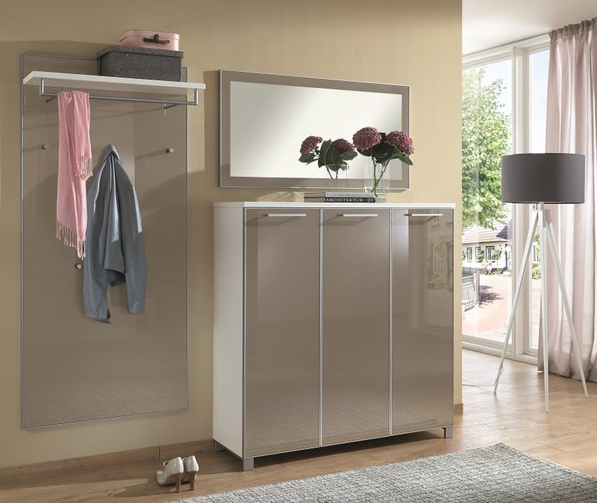 Voss Möbel Garderobenkombination in Korpus Lack weiß / Glasfront taupe Voss Möbel Garderobenkombination in Korpus Lack weiß / Glasfront taupe