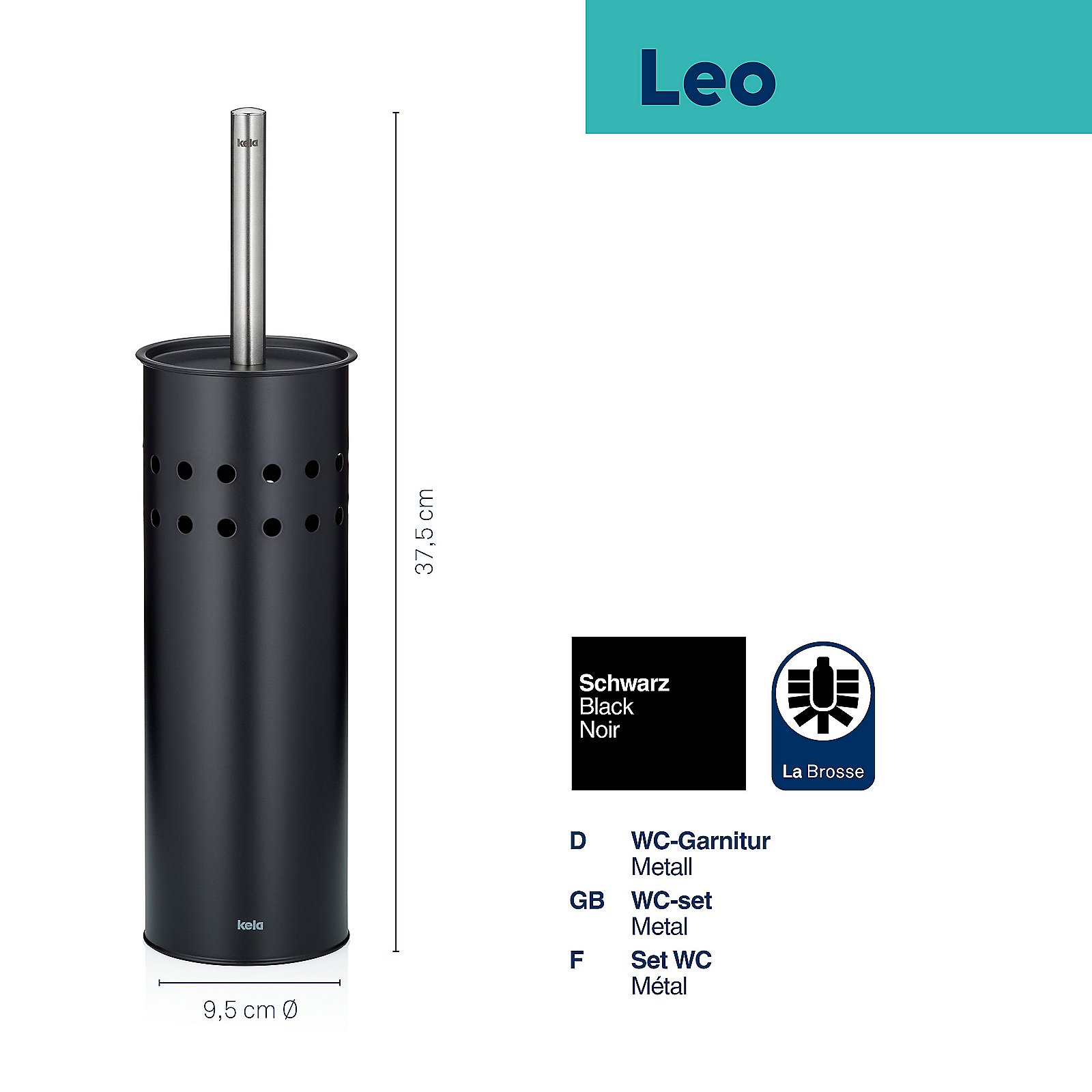 Kela WC-Garnitur LEO in Farbe Schwarz, Toilettenbürste, Metall, Schwarz, Ständer, Lochmuster, wc-garnitur, metall, schwarz, set, toilet brush holder