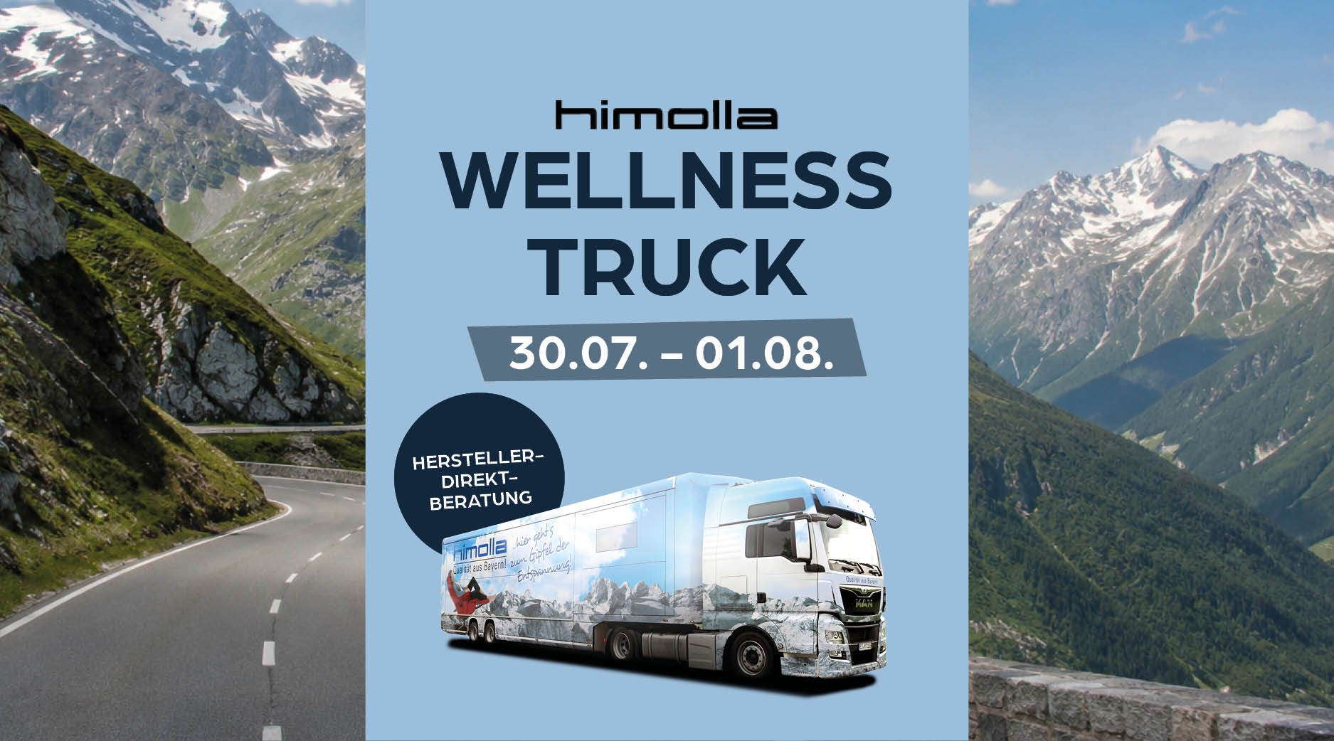 wellness truck, Lastkraftwagen Werbung, Kraftfahrzeug, blaues Banner, Berglandschaft