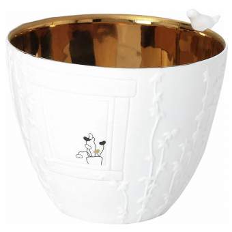 Poesielicht VOGELBESUCH in Vogelbesuch, weiße Tasse, Keramikbecher, goldene Innenseite, Reliefmuster, Mickey-Maus Motiv