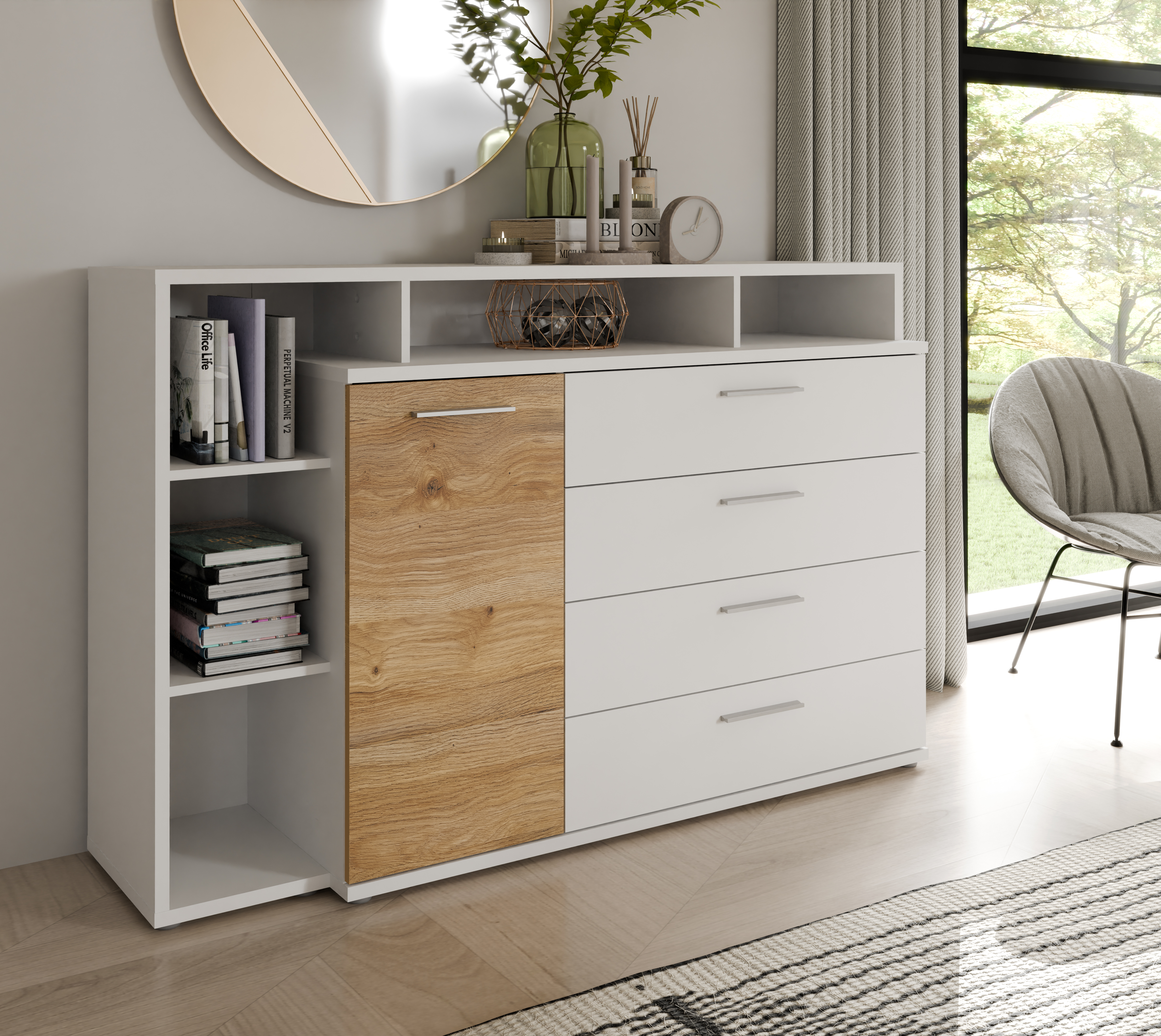 Forte Fabryki Mebli Kommode MAYACUS ca.153x99x41 cm in weiß/Mauvella Oak M949