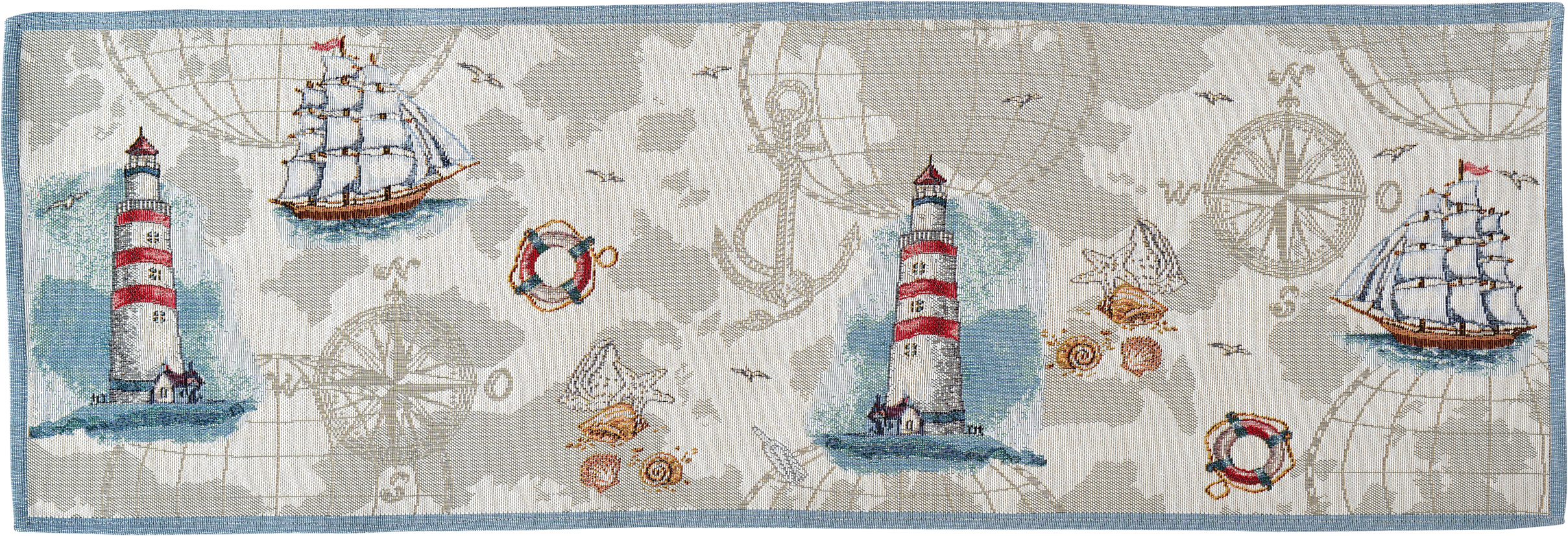 Sander Tischläufer DISCOVERY ca. 32x96cm in Farbe original, Seesack, Küsten-Design, Leuchtturm, Segelboot, Häkel-Teppich