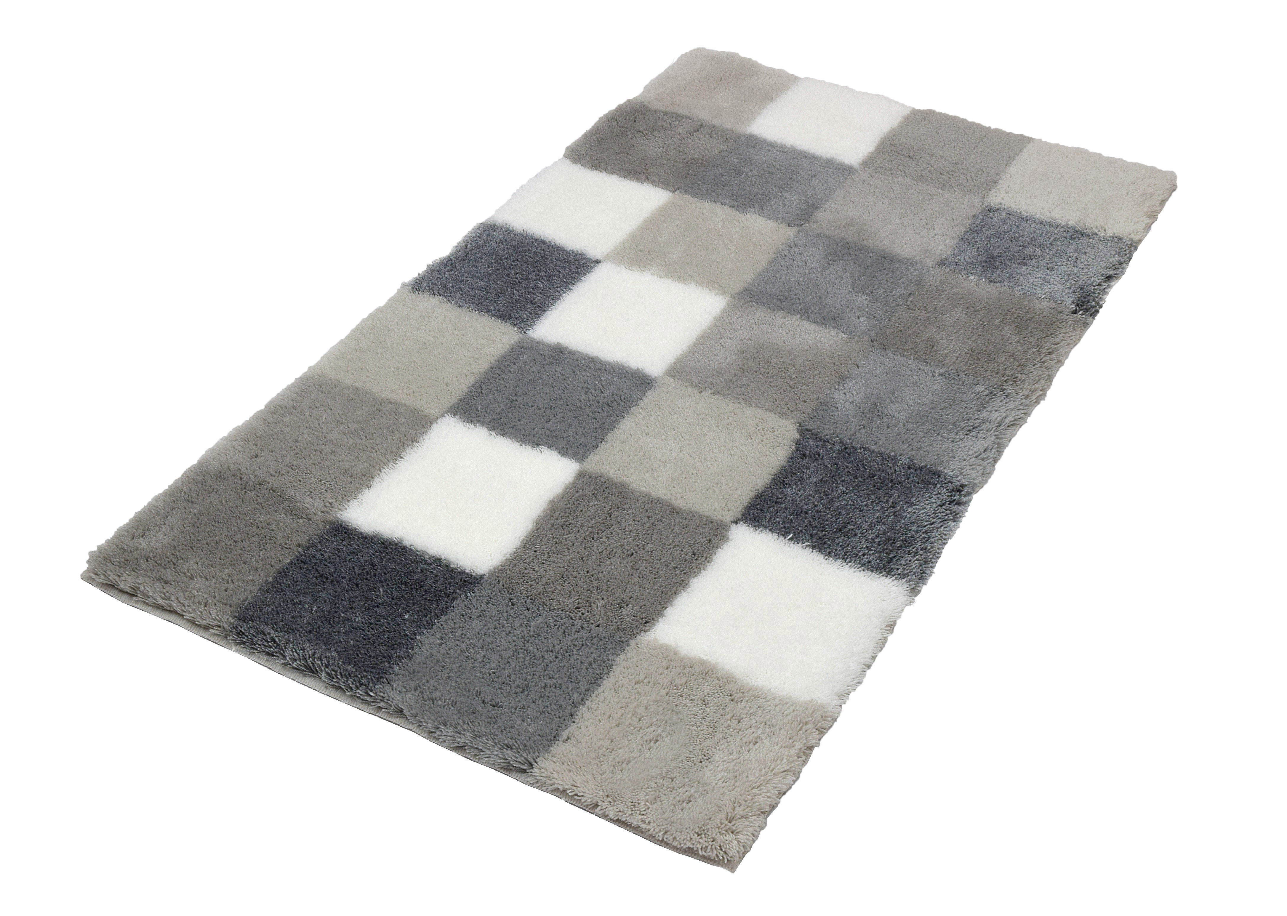 Kleine Wolke Badteppich CARO ca. 70x120cm in Farbe Flanell, Shaggy rug, Checkerboard, Plush, GrauTöne, Flächenvorleger, plaid, teppich, langflor, flächenteppich, grau-weiß-beige