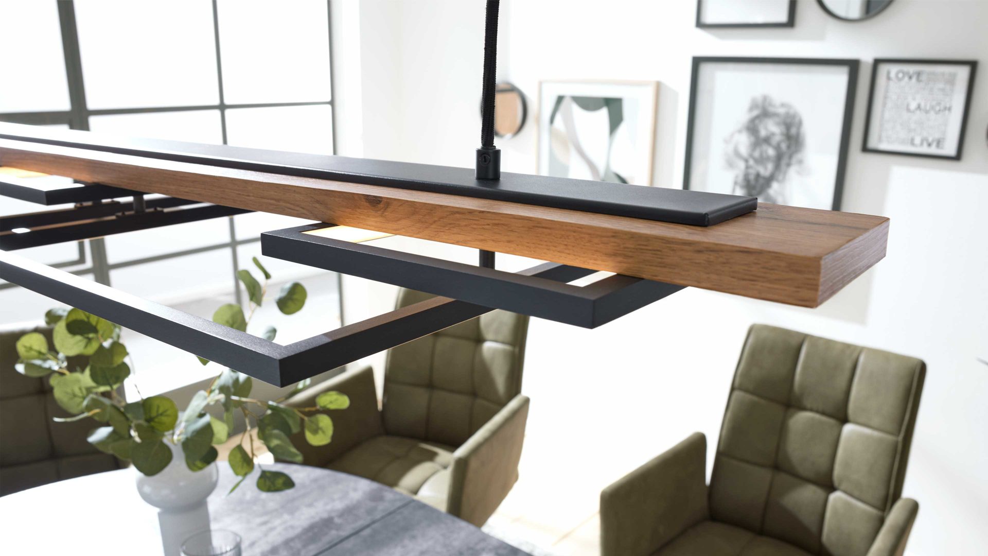 Interliving LED-Hängeleuchte IL-9342 in Metall schwarz matt, Holzoptik dunkel