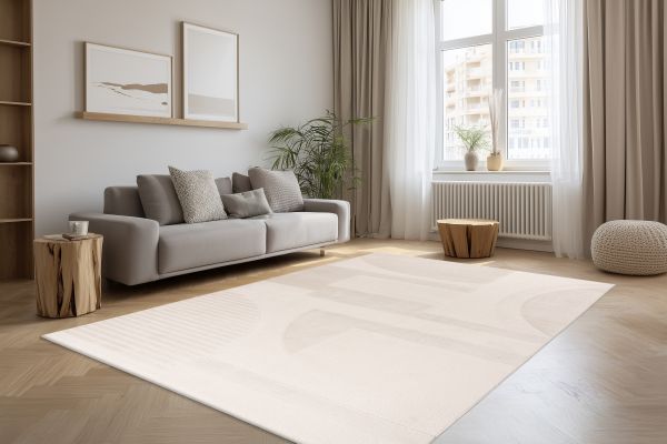 Webteppich BERGAMO ca. 160x230cm in Farbe ivory, Wohnzimmer, Sofa, Teppich, Fenster, Pflanzen