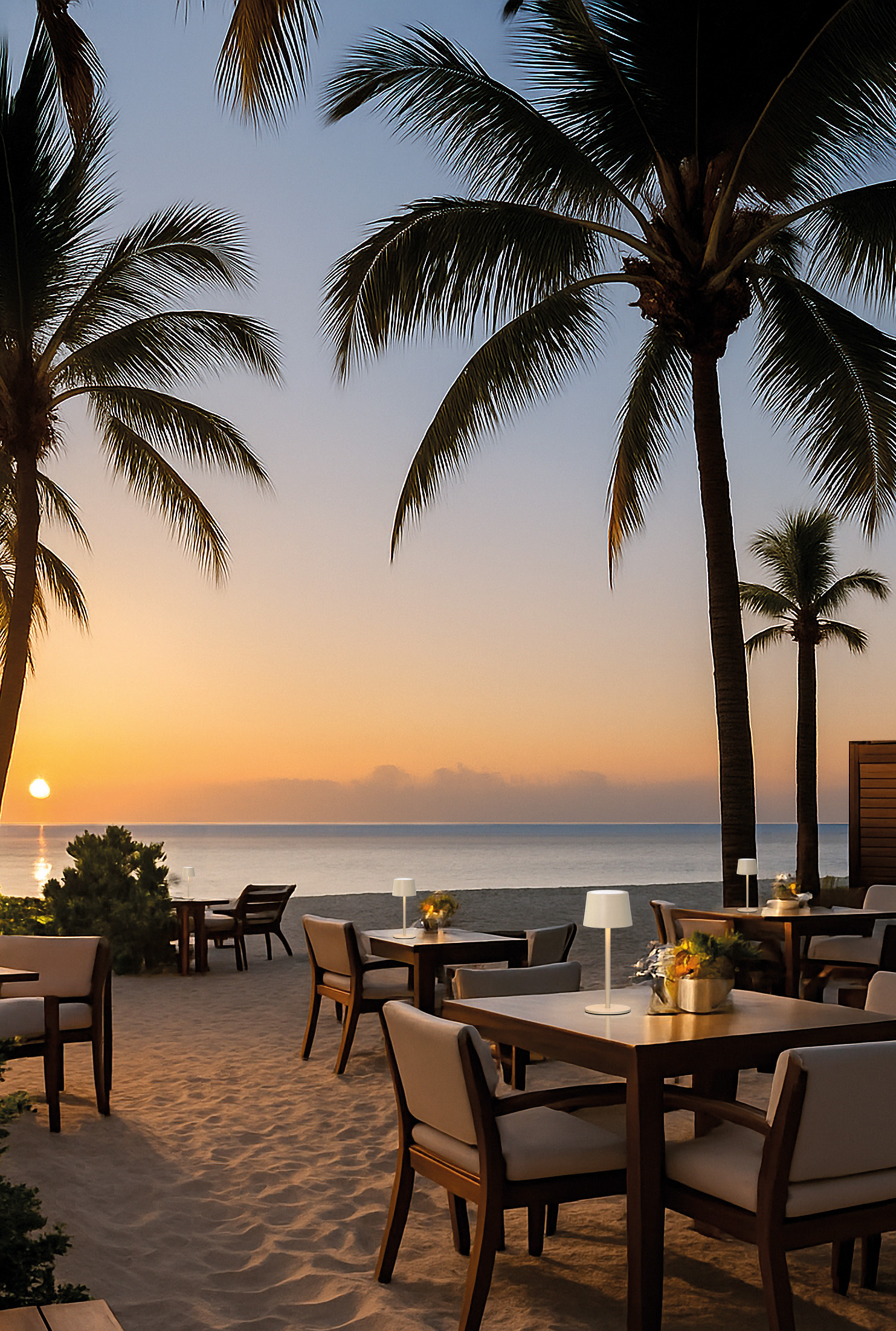 FH Lighting LED-Tischleuchte SALERNO in Metall sandbeige, strand, tisch, palmen, sonnenuntergang, strandrestaurant