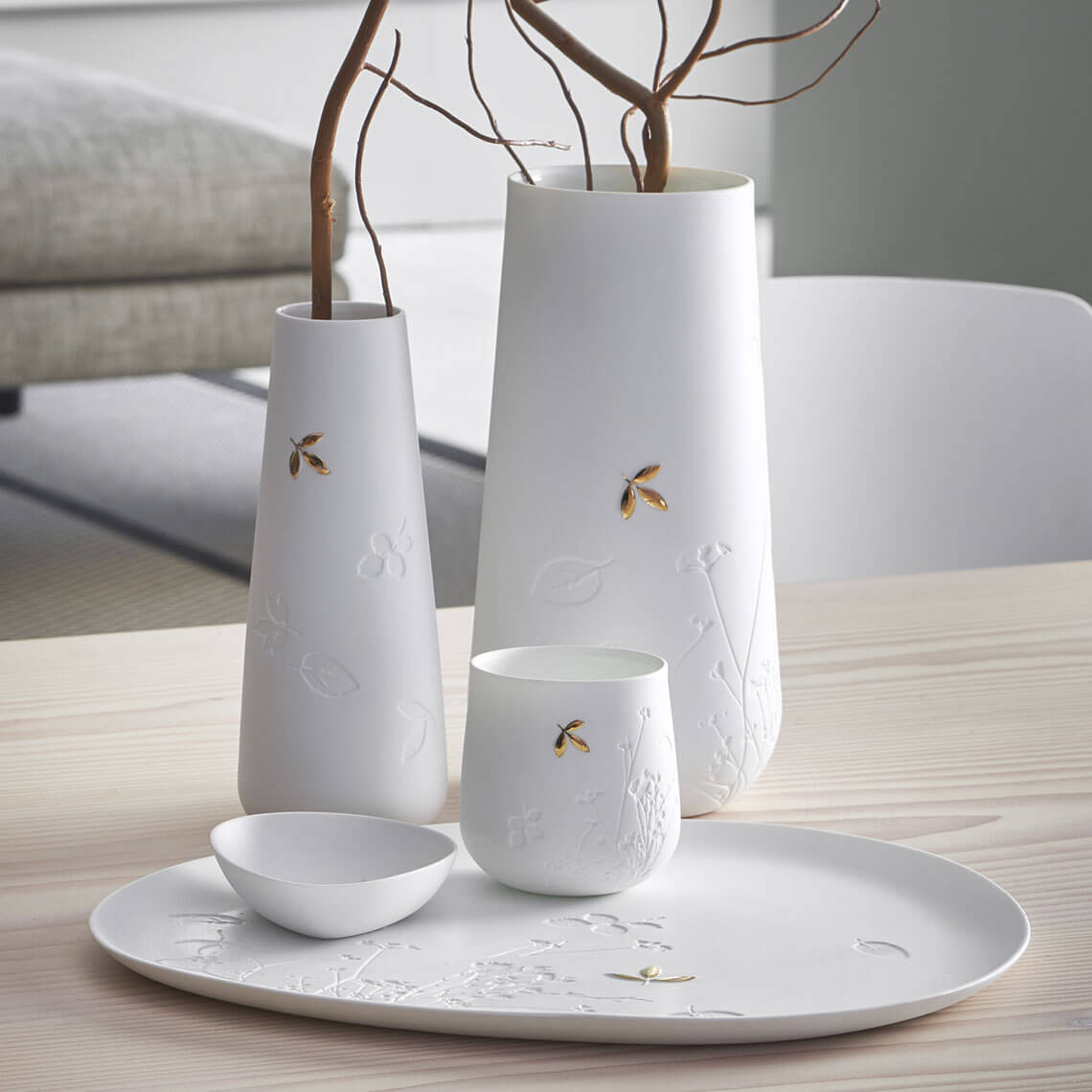 Vase GOLDBLATT in Farbe weiß, weiß, vase, vase set, keramik, embossed floral