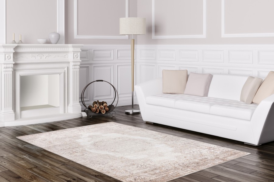 Webteppich PARIS ca. 160x230cm in Farbe taupe Webteppich PARIS ca. 160x230cm in Farbe taupe, Wohnzimmer, Teppich, Sessel, Lampe, Kamin