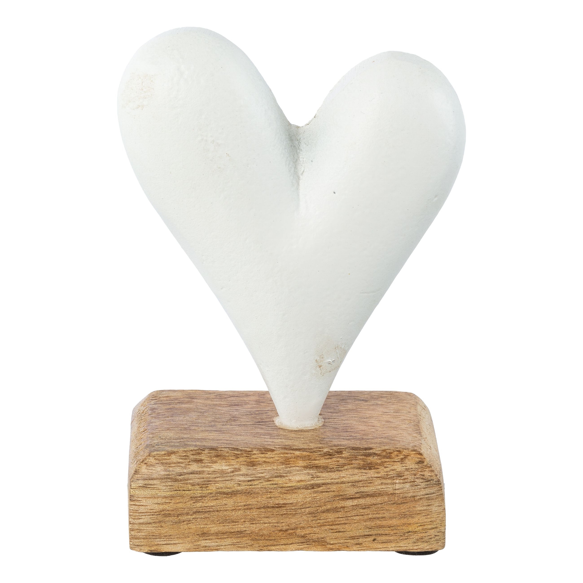 Aluminium Herz auf Fuß COLIN in , Herzskulptur, Dekorfigur, Holzuntergrund, weiße Skulptur, Herzform