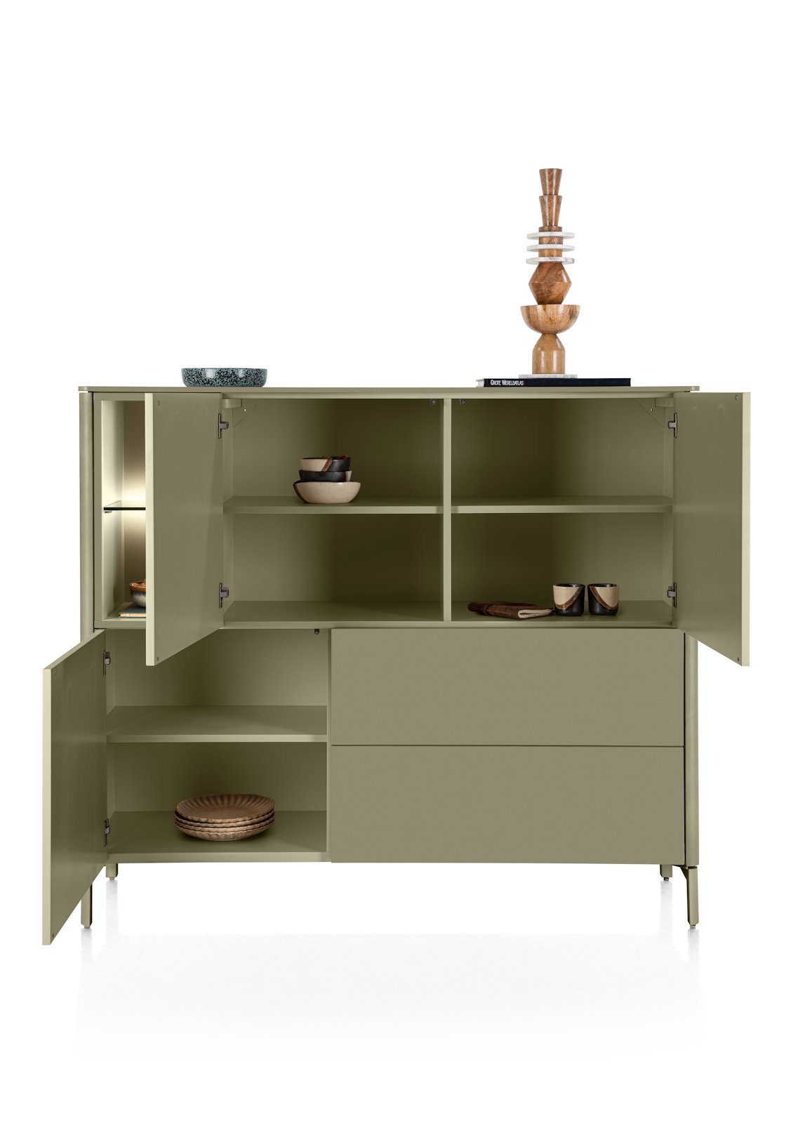 XOOON Highboard TRENTINO ca. B153 H132 T42 cm in MDF olive lackiert, Küchenbuffet, Schränke, Schrankkombination, Vorratsschrank, Holzoptik