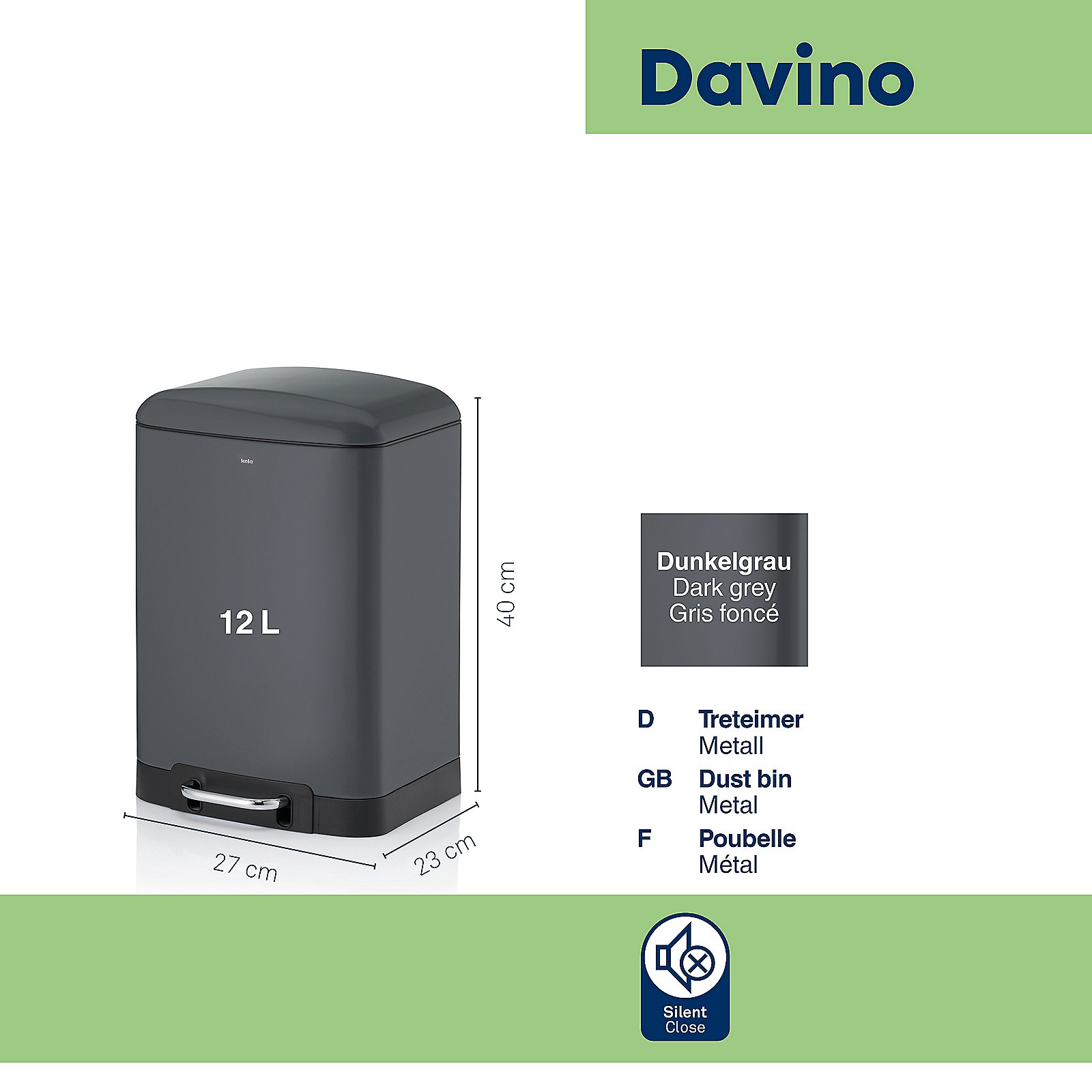 Keck & Lang Treteimer DAVINO ca. B23,5 H40 T27 cm in dunkelgrau, H:40cm, 12L