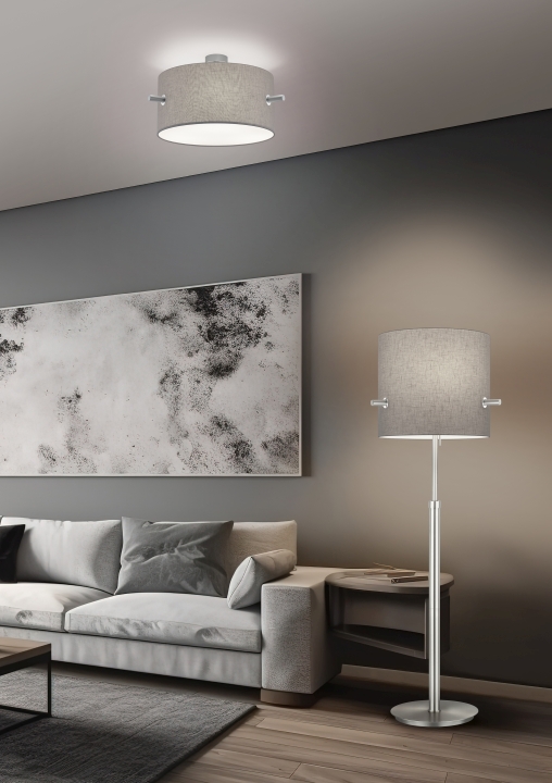 Trio Deckenleuchte CAMDEN 3-flammig in Farbe Nickel matt, Schirm Stoff grau Trio Deckenleuchte CAMDEN in Nickel matt, Schirm Stoff grau