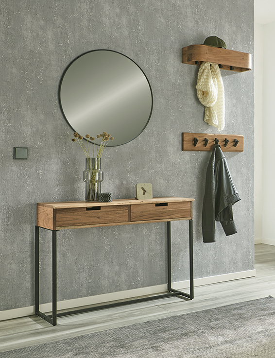 Wandgarderobe in Mehrfarbig, konsole, holz, metall, spiegel, flur, Consolen, Holzkonsole, Metallrahmen, Rundspiegel, Garderobe-Set