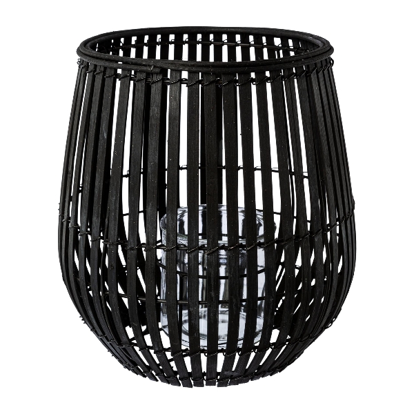 Bambus-Windlicht m. Glas 25x25 SAM in Schwarz, Laterne, Glasbehälter, Metallrahmen, schwarz, Rattan-Look