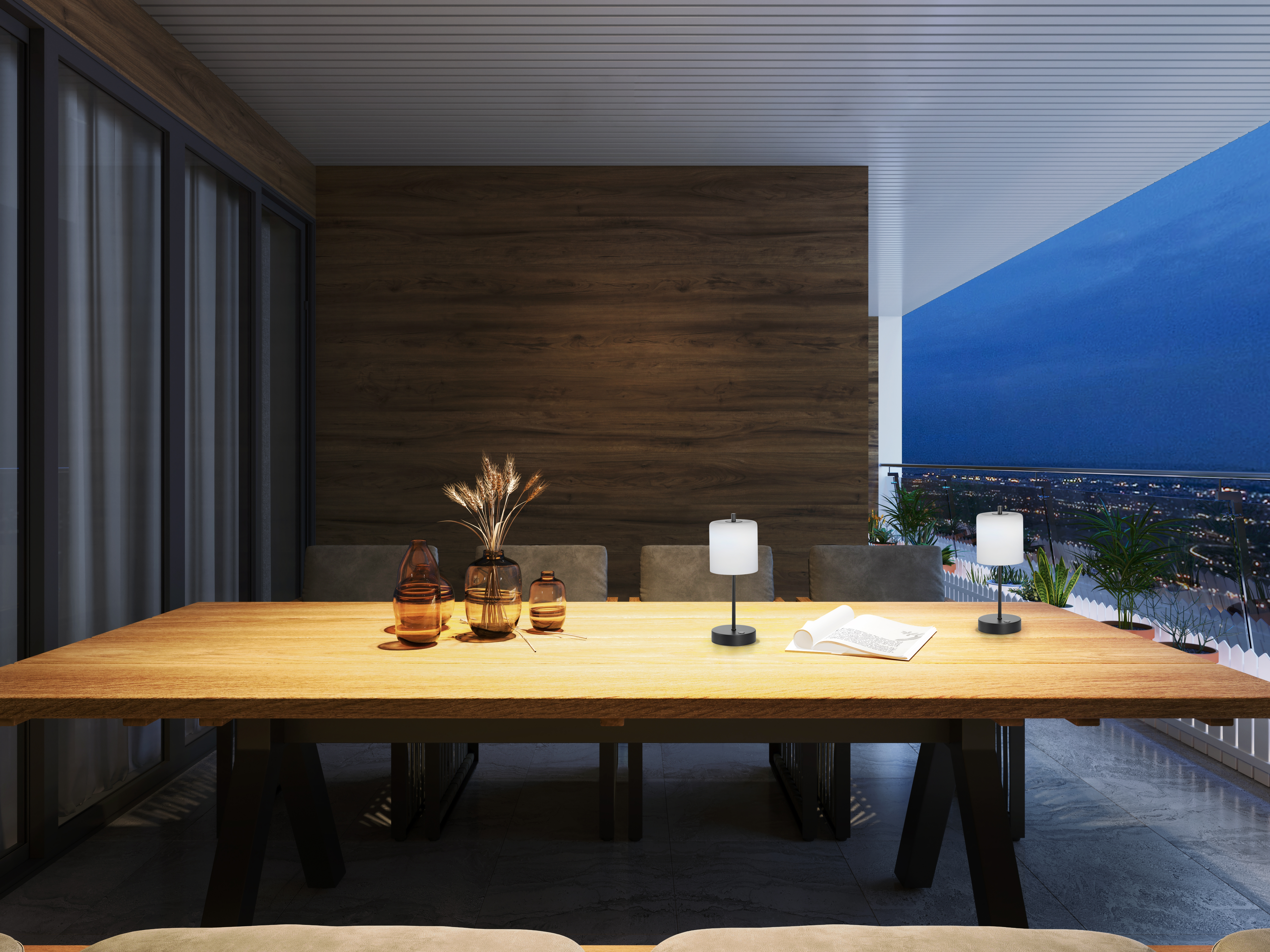 FH Lighting LED-Tischleuchte RIVA in Metall sandschwarz, Glas opal