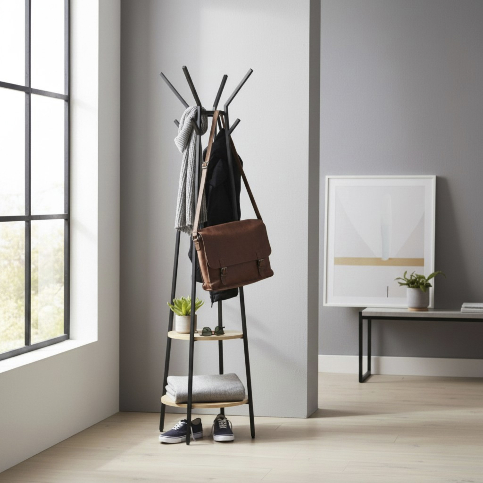 Haku Möbel Garderobenständer PERTH in Farbe Eiche natur, Schwarz, kleiderhaken, wandständer, braune tasche, schal, schuhe