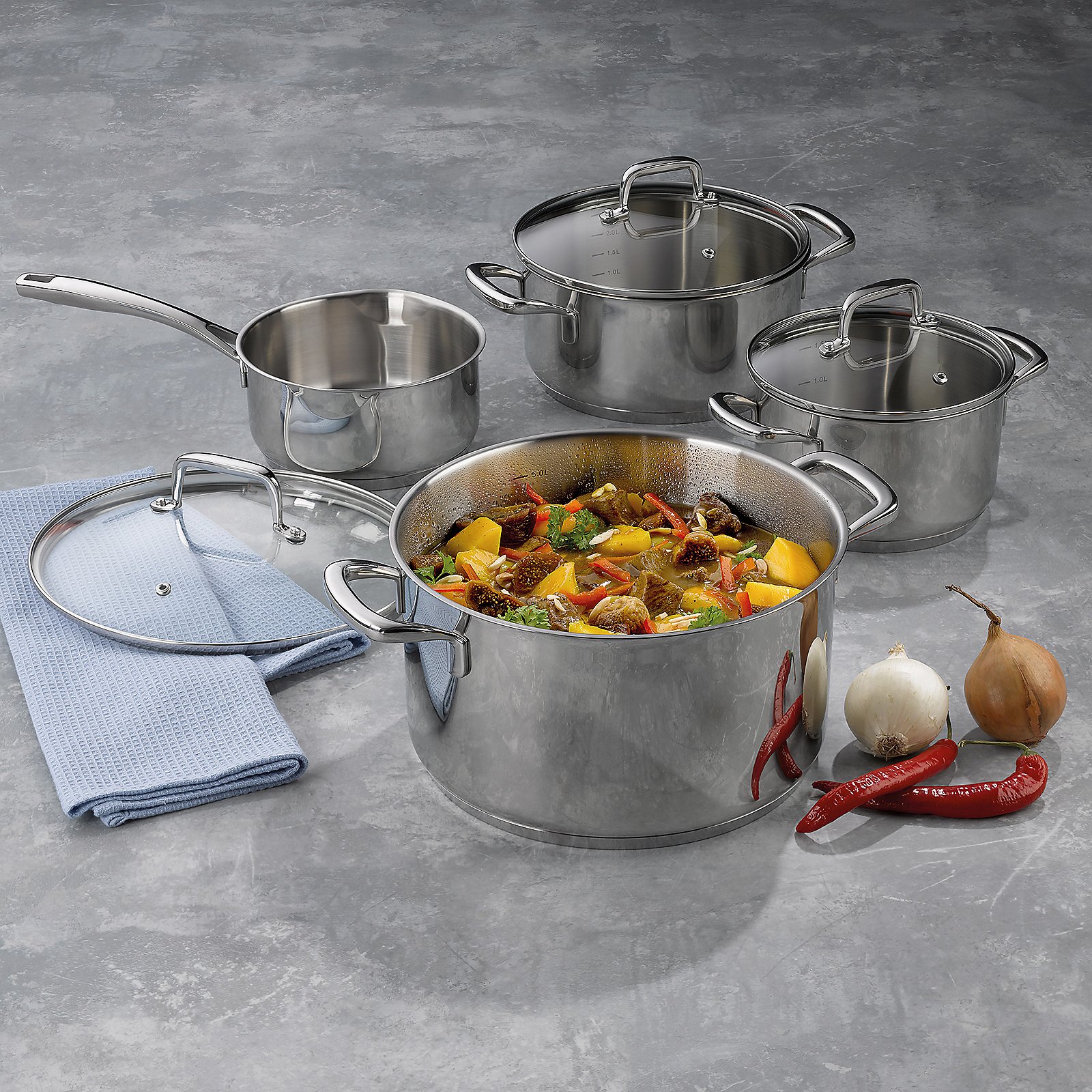Kela Kochtopf-set FLAVORIA in Farbe Silber Glänzend, Topfset, Stahlpfannen, Edelstahl, Kochtopf, Set mit Deckel, Edelstahl Pfannen-Set, Kochtopf, Bratentopf, Glasdeckel, Kochgeschirr-Set