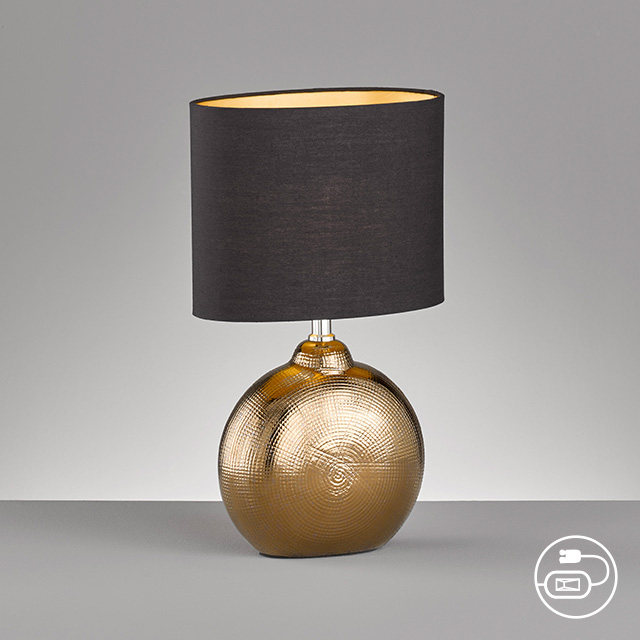 Fischer & Honsel Tischleuchte FORO in Keramik bronzefarbig antik/Stoff schwarz Chintz innen goldfarbig