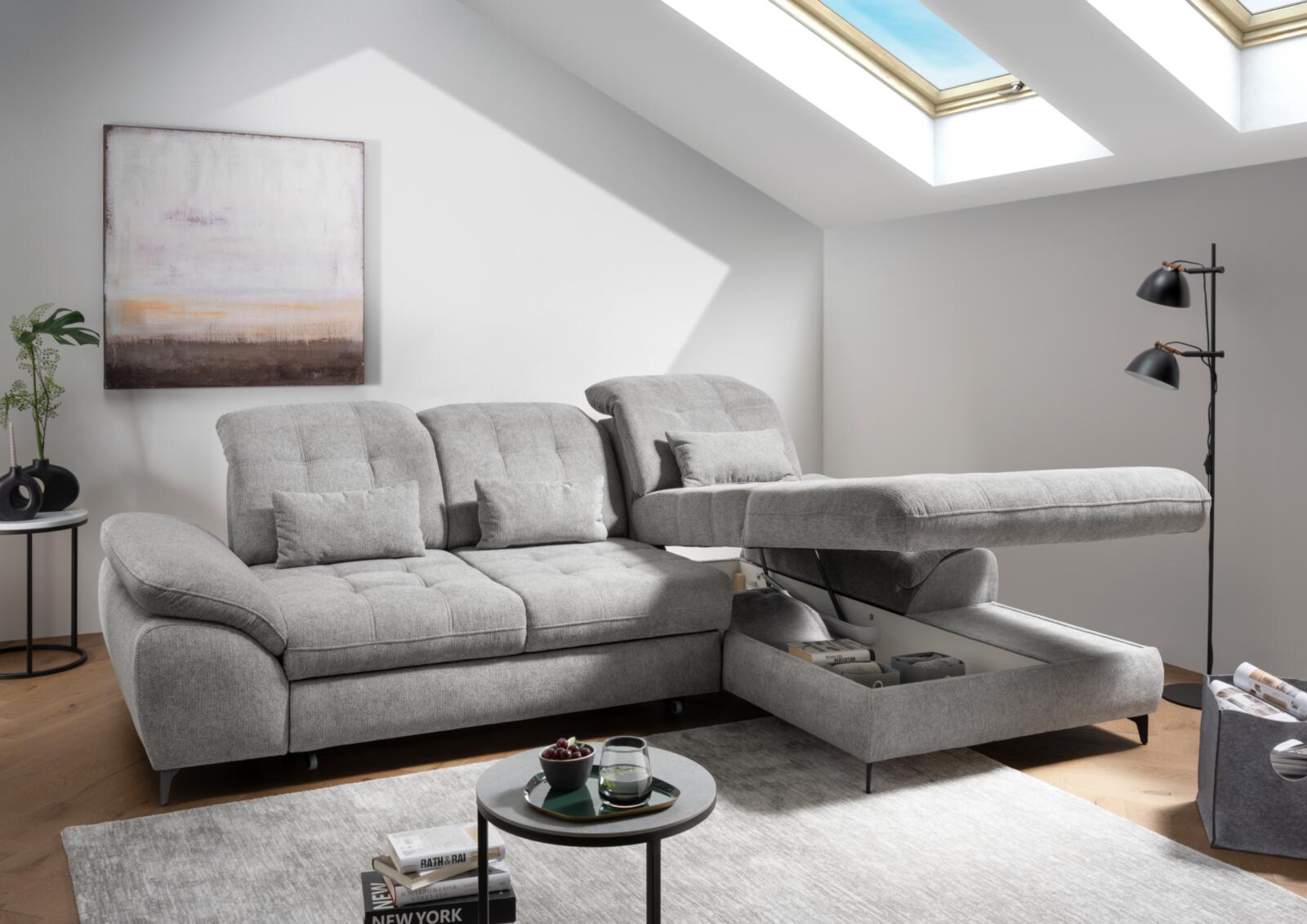 Polsterecke Delphino ca. 273x189 in Stoff Corto grau, Sofa, Sofalandschaft, Grau, Schnittsessel, Couchtisch