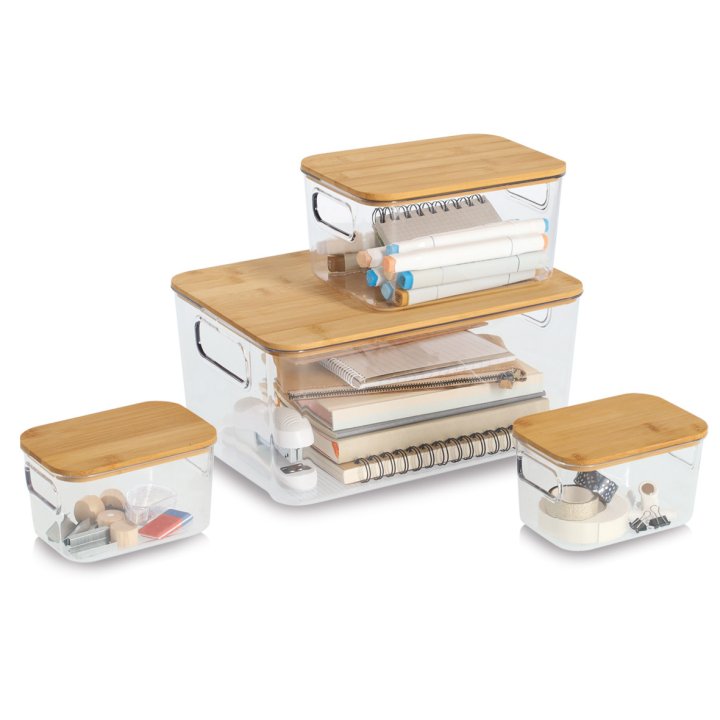 Zeller Aufbewahrungsboxen-Set in Transparent, Aufbewahrungsboxen, Aufbewahrung, Kunststoffbehälter, Holzdeckel, Transparent