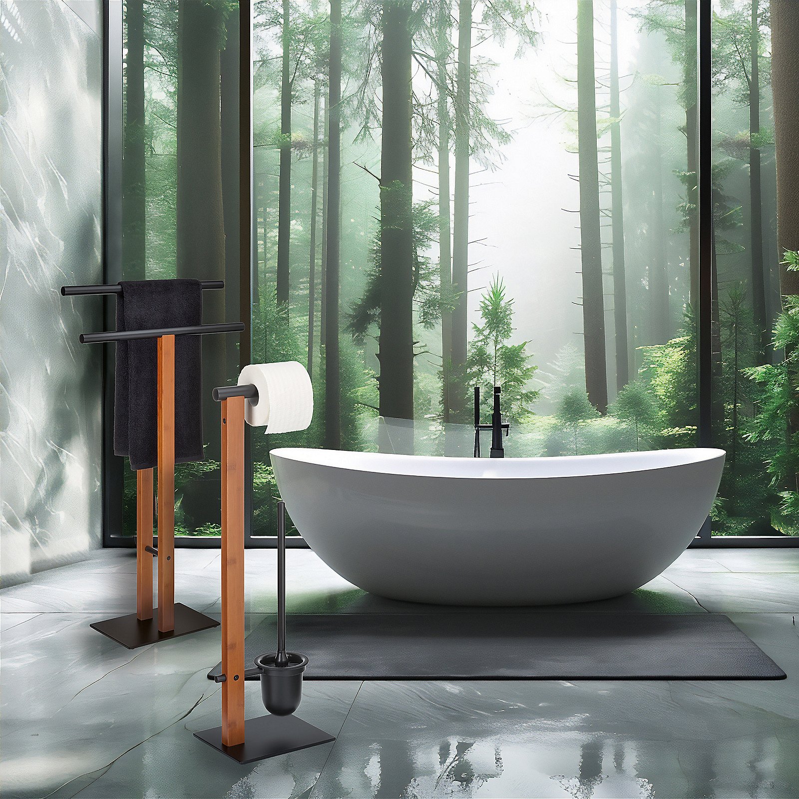 Kela Toilettengarnitur AMIR in Farbe Schwarz, Badewanne, Freistehende Badewanne, Holzständer, WC-Rollenhalter?, freistehende Badewanne, freistehende Badewanne, bodenständige Badewanne, oval Badewanne, tuchhalter Regal