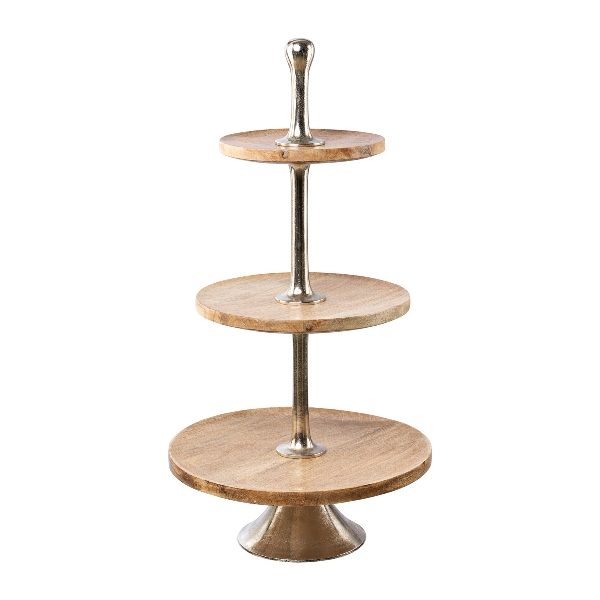Etagere D:50cm TAMILA in Beige, cake stand, three-tier, wooden, metal accents, kitchen decor