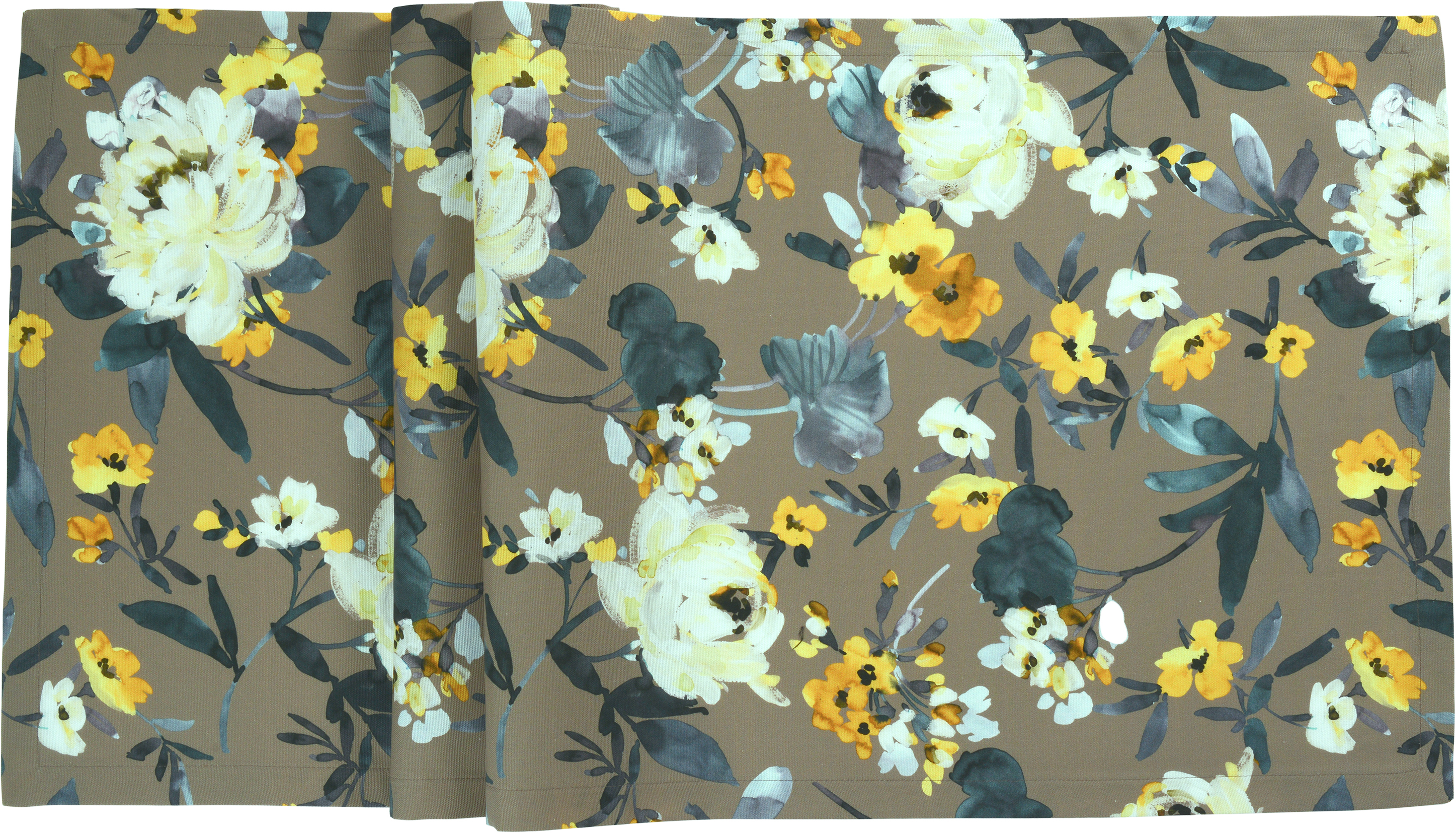 Sander Tischläufer LA ROSA ca. 50x140cm in Farbe dk.taupe, Floral-Print, Blumenmuster, Beige Hintergrund, Gelb Weiß, Stoffmaterial