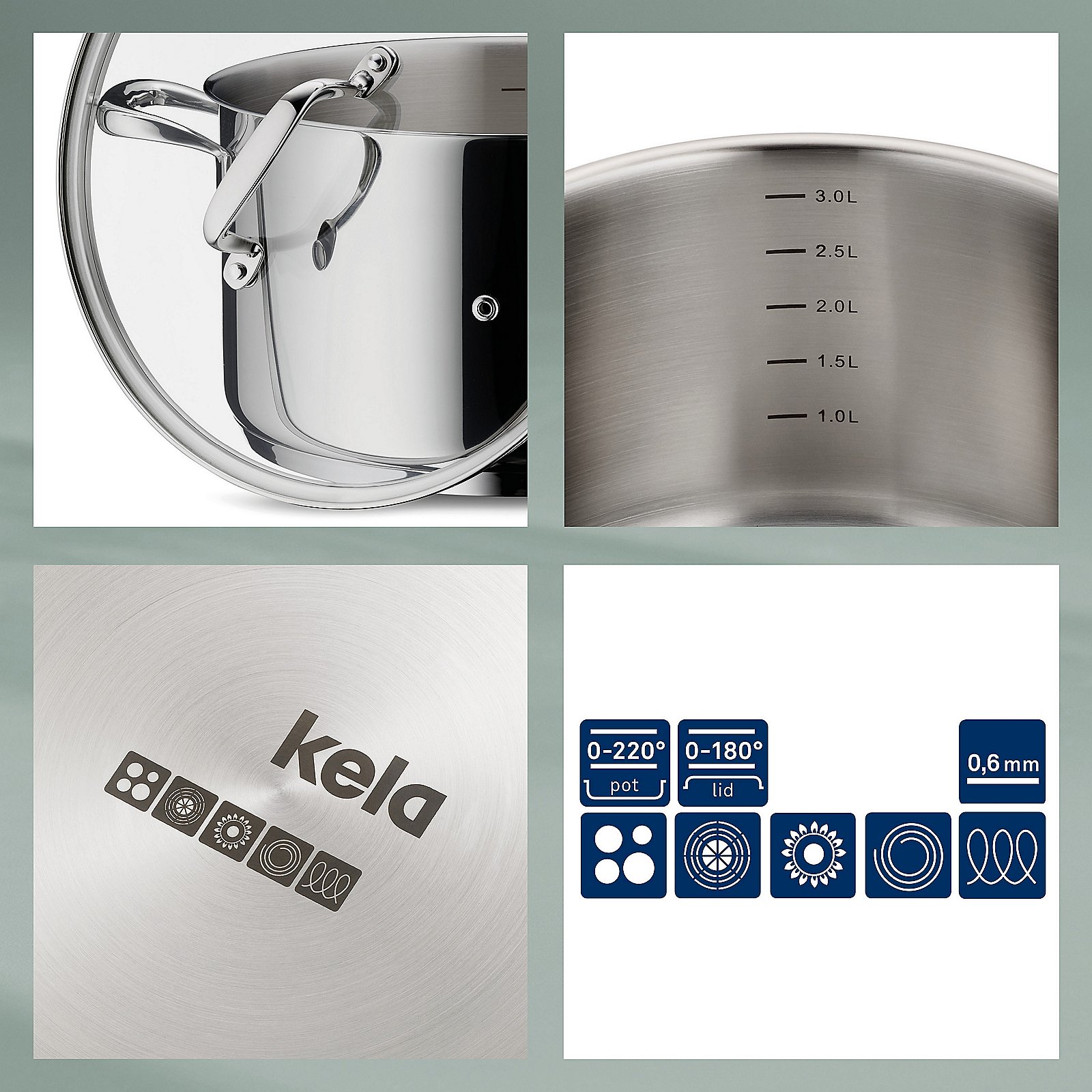 Kela Kochtopf-set FLAVORIA in Farbe Silber Glänzend, Edelstahl, Topf, Griff, Messskala, Knopflose Deckel, Edelstahl Topf, Messmarken, Deckelgriff, Kela Logo, Griff?