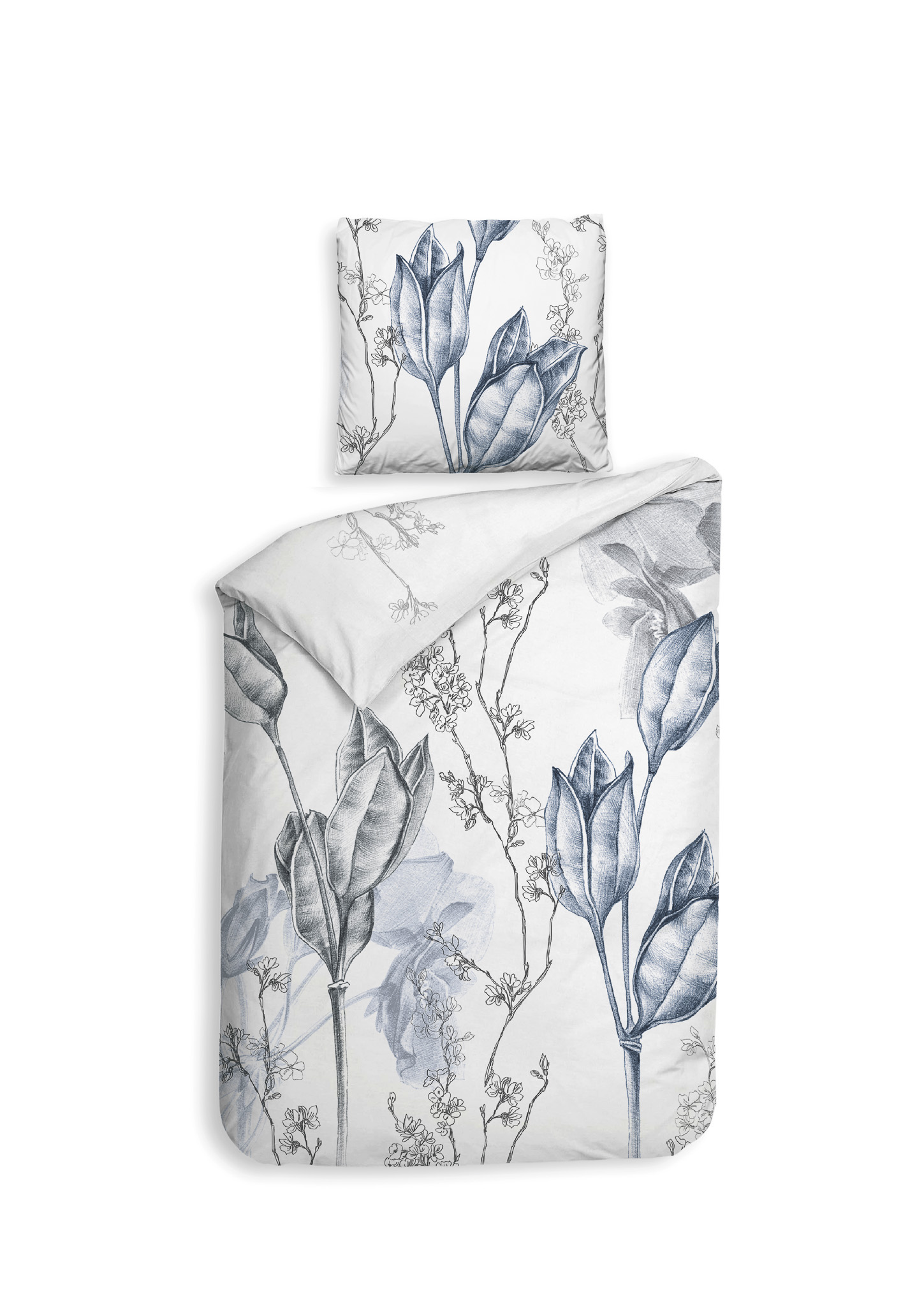 Bettwäsche ca. 155x220cm BECCA in Weiß, Bettwäsche, Duvet, Blumenmuster, blau-grau, Baumwollmix