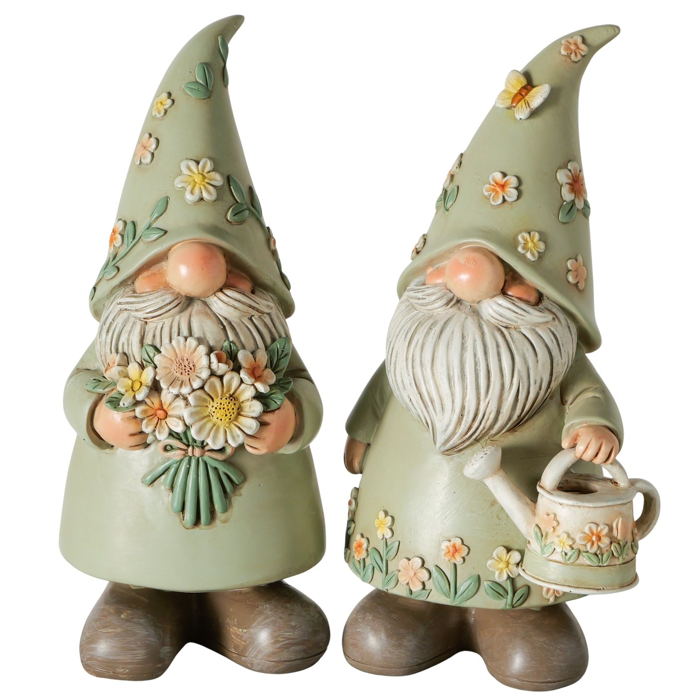 Boltze Figur Bloomy in Farbe Kunstharz grün, Gartenfigur, Gnom, Blumen, Becher, Becher-Topf