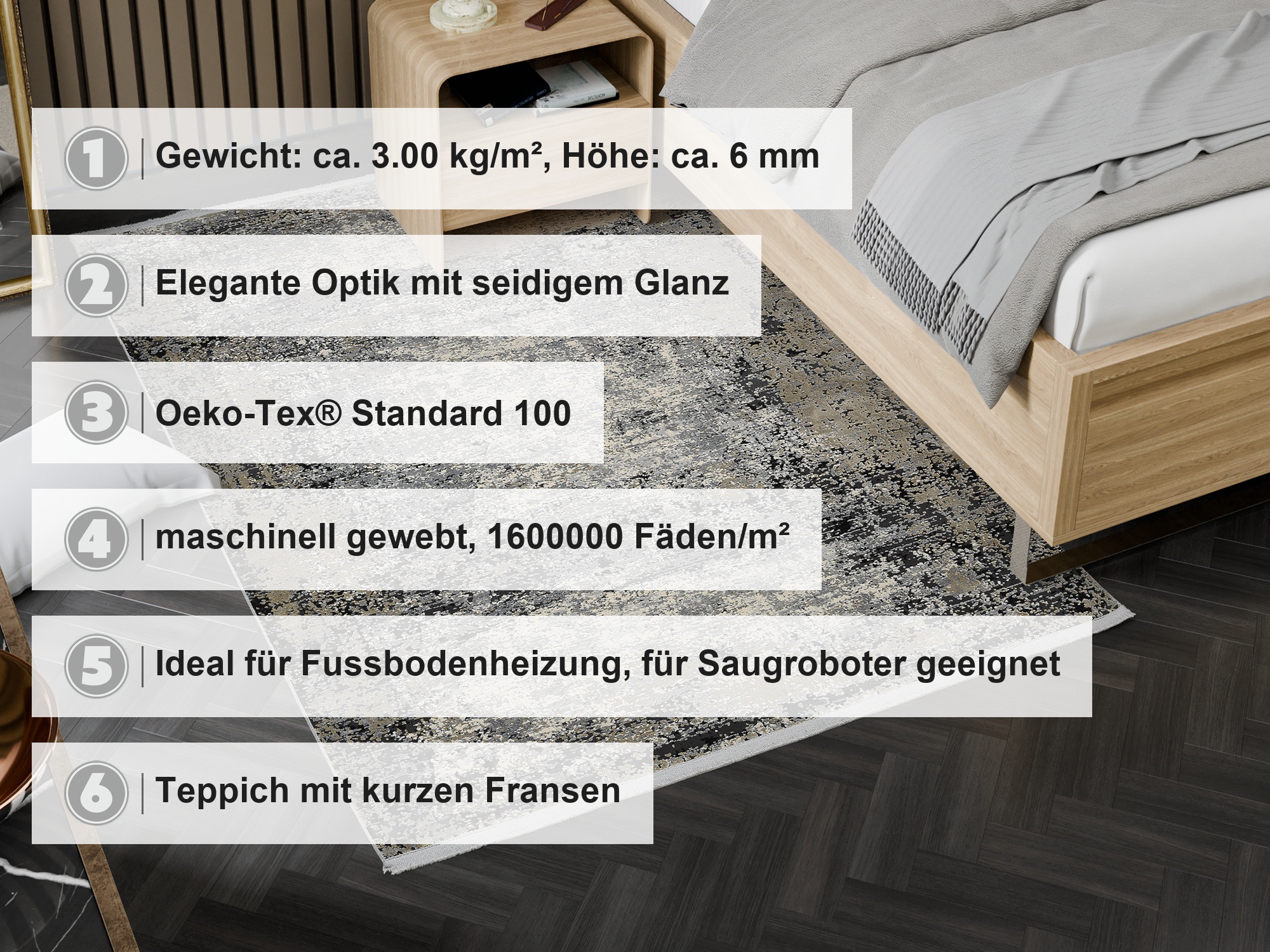 OCI Designer Teppich NOBLE GREY ca. 160x230cm in Farbe grau-mix, Bett, Teppich, Teppichboden, Holzbett, Grau
