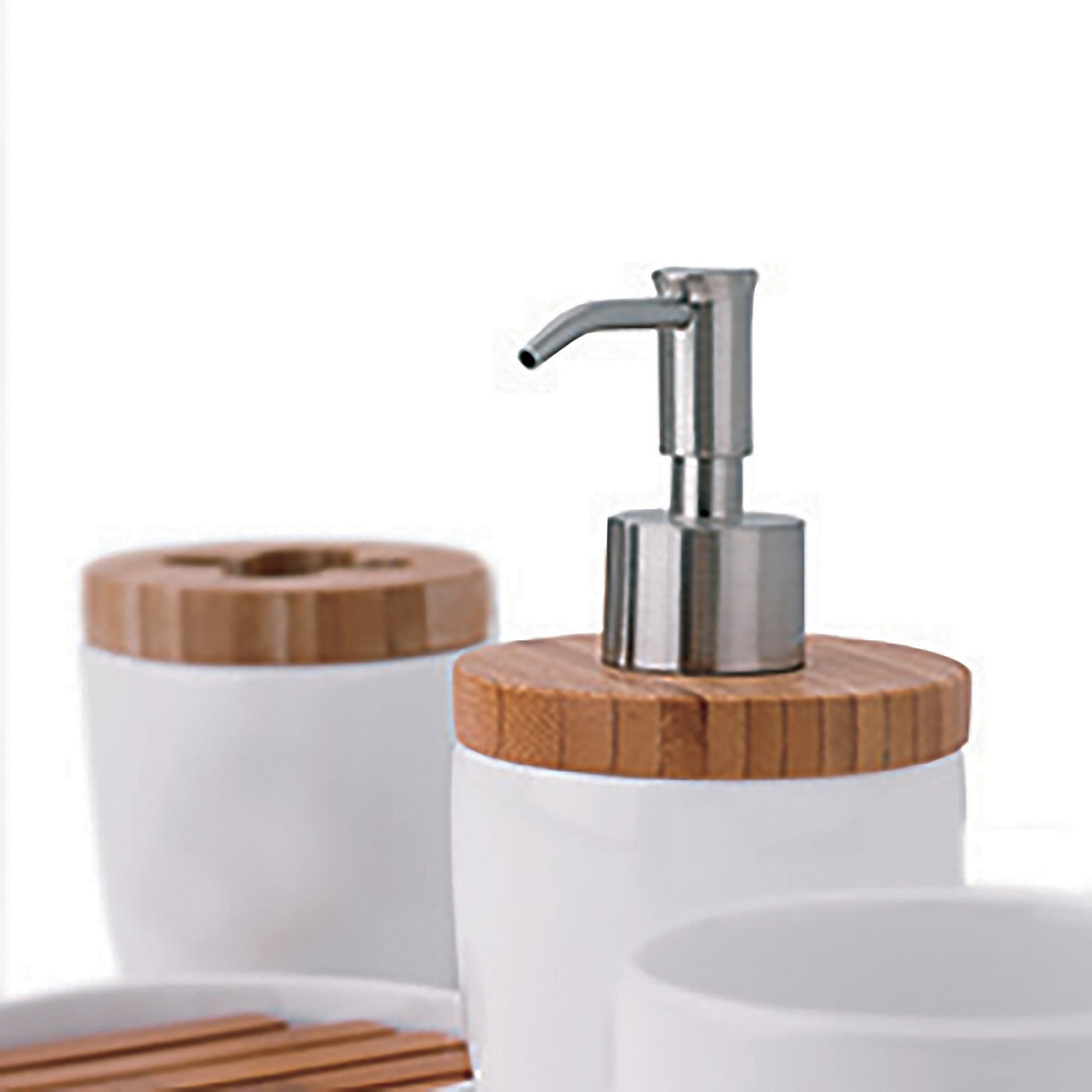 Kela Seifenschale NATURA in Farbe weiß, Seifenspender, Spender, Badezimmer, Holzdeckel, Keramik, Seifenspender, Keramikbehälter, Holzdeckel, Anrichten für die Theke, Badezimmer-Set