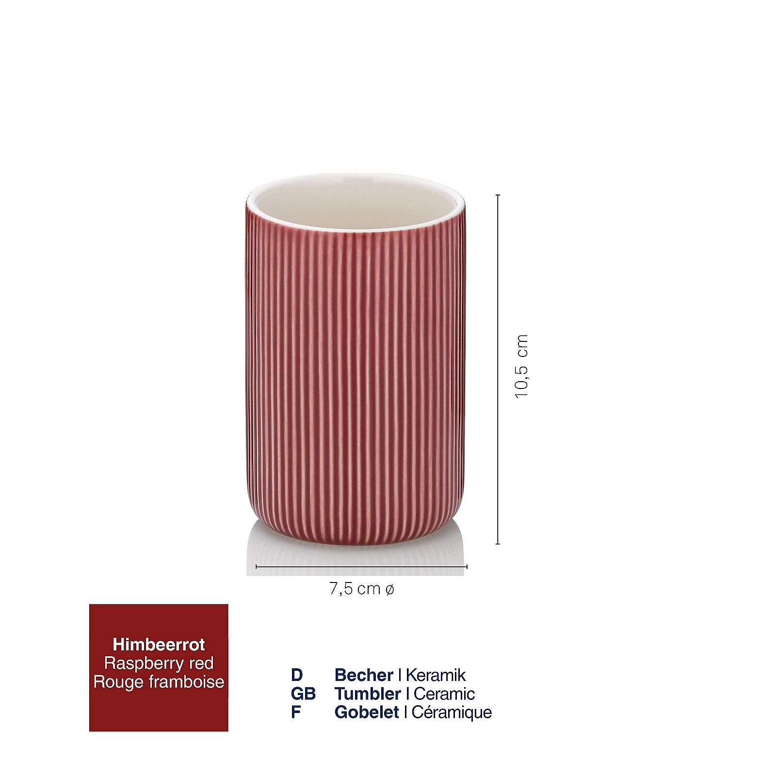 Kela Becher AVA in Farbe himbeerrot, Keramikbecher, rot, gerippte Oberfläche, 10,5 cm, 7,5 cm Ø