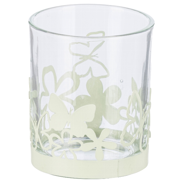 Glas Teelicht m.Dekor 4324022-51 in Grün, glas, vasen, deko, schmetterlingsmuster, weiße basis