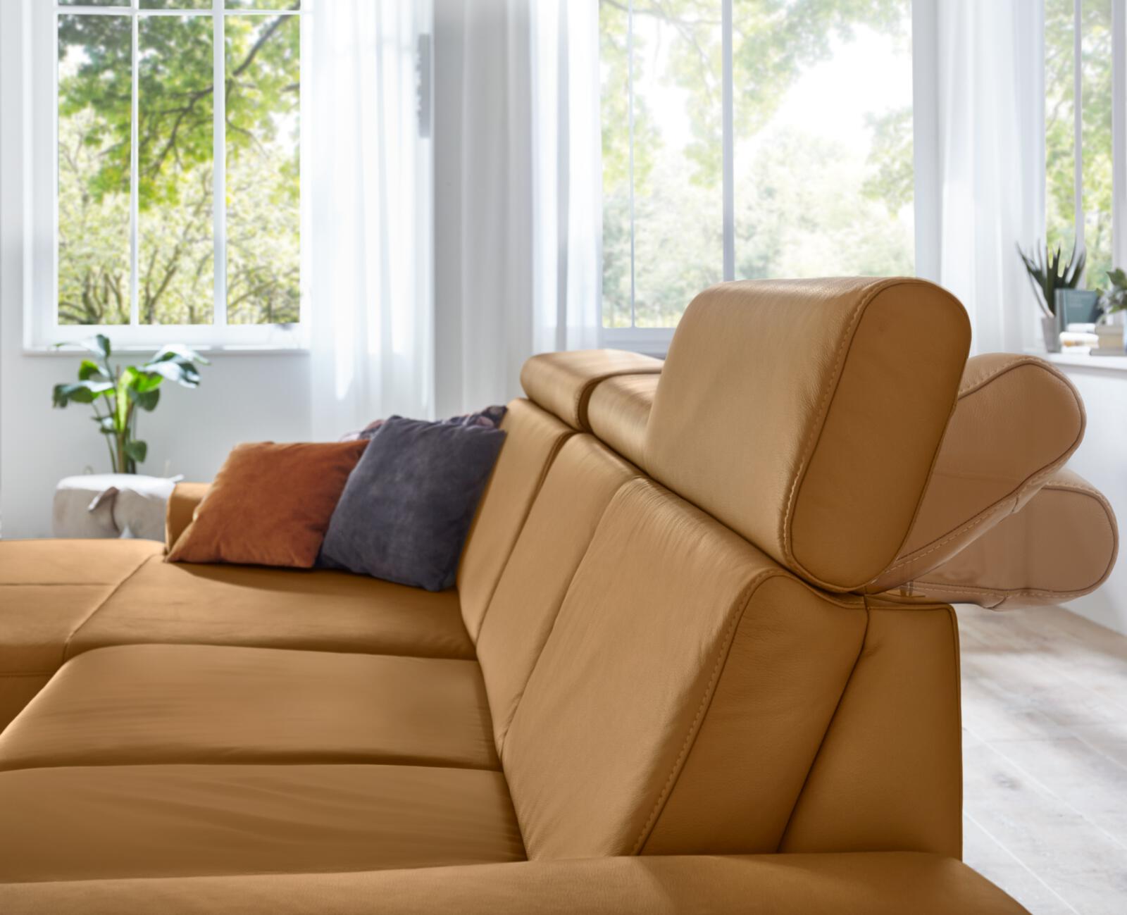 Modulmaster Polstergruppe MM-PN1167 ca. 335x188cm in Leder Torro kurkuma, Sofa, Wohnzimmer, Ledersofa, Sessel, Kissen