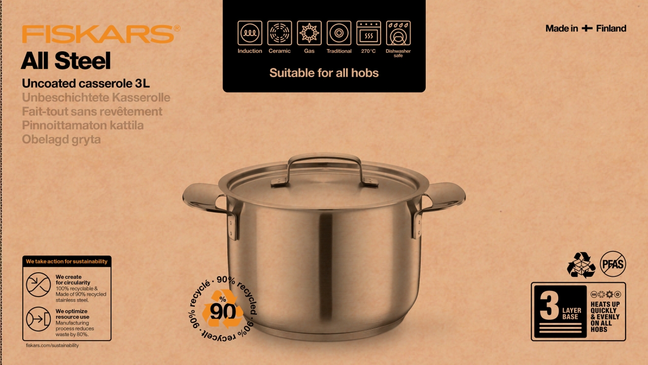 Fiskars Kasserolle mit Deckel ALL STEEL 3Ltr. Fiskars Kasserolle mit Deckel ALL STEEL 3Ltr.
