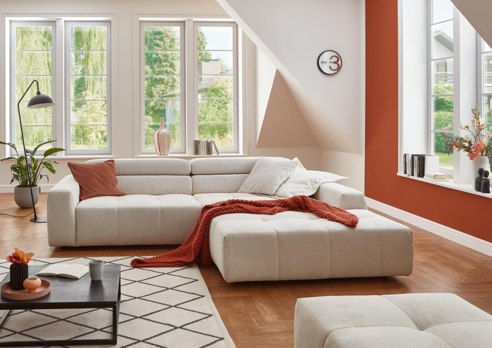 SOFAkultur Polsterecke Denver ca. 258x217 Weiß, Sofa, Wohnzimmer, Ecksofa, Kissen, Decke
