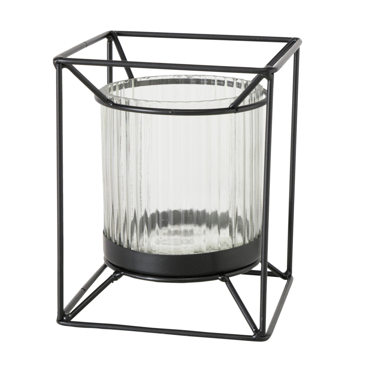 Boltze Windlicht Taha Metall schwarz, Windlicht, Glaszylinder, schwarzes Metallgestell, geriffeltes Glas, zylindrisch