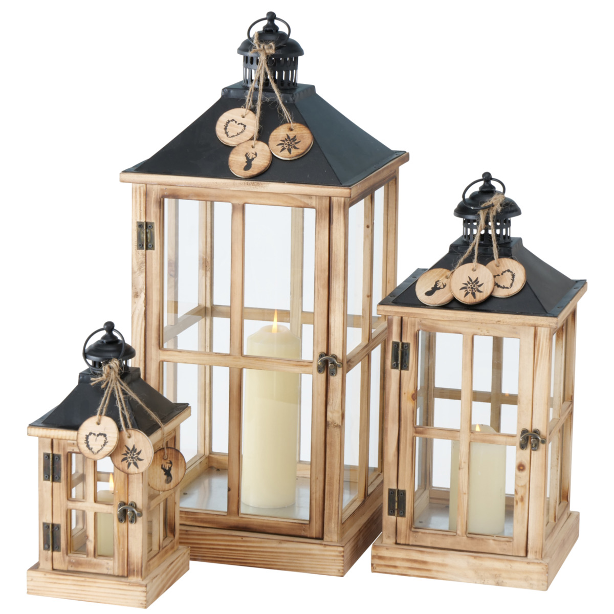 Deko-Laterne Tauern ca. 22x48x22cm, Holzlaternen-Set, Naturholz, schwarzes Metalldach, Glaseinsätze, Kerzenhalter