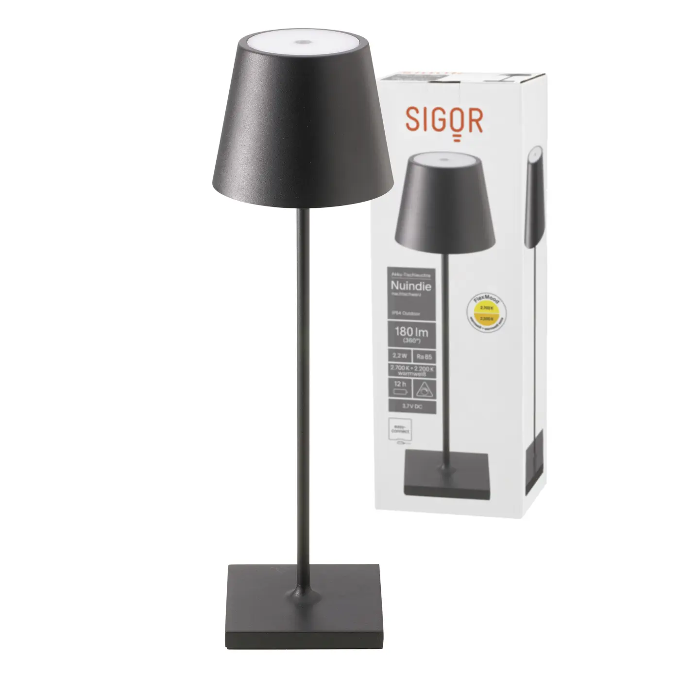 Sigor LED-Akku-Tischleuchte Nuindie in Farbe nachtschwarz, dimmbar