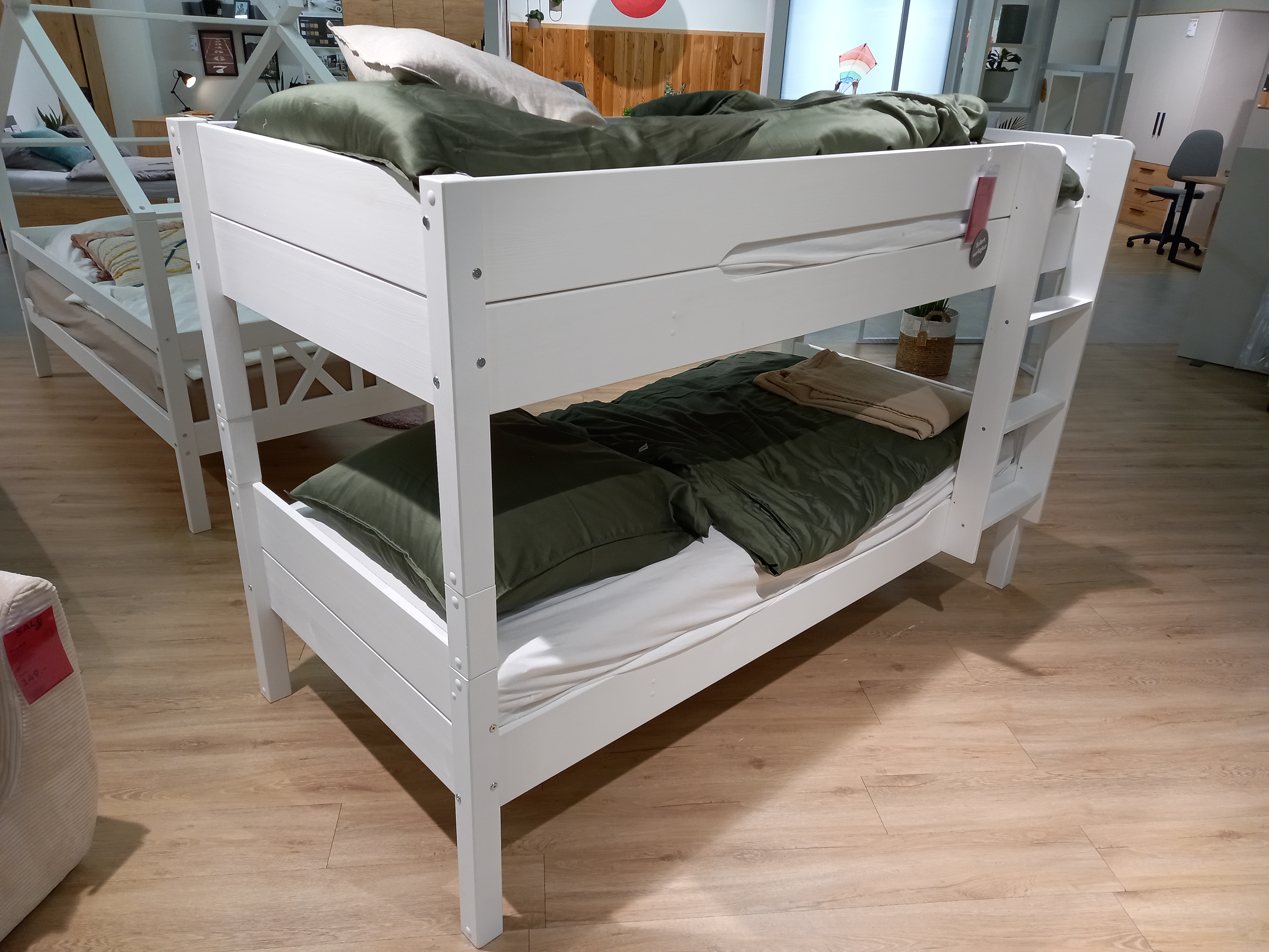 Etagenbett Set SOUND in Weiß, Etagenbett, weißes Holzbett, Leiter, zwei Schlafplätze, Absturzsicherung