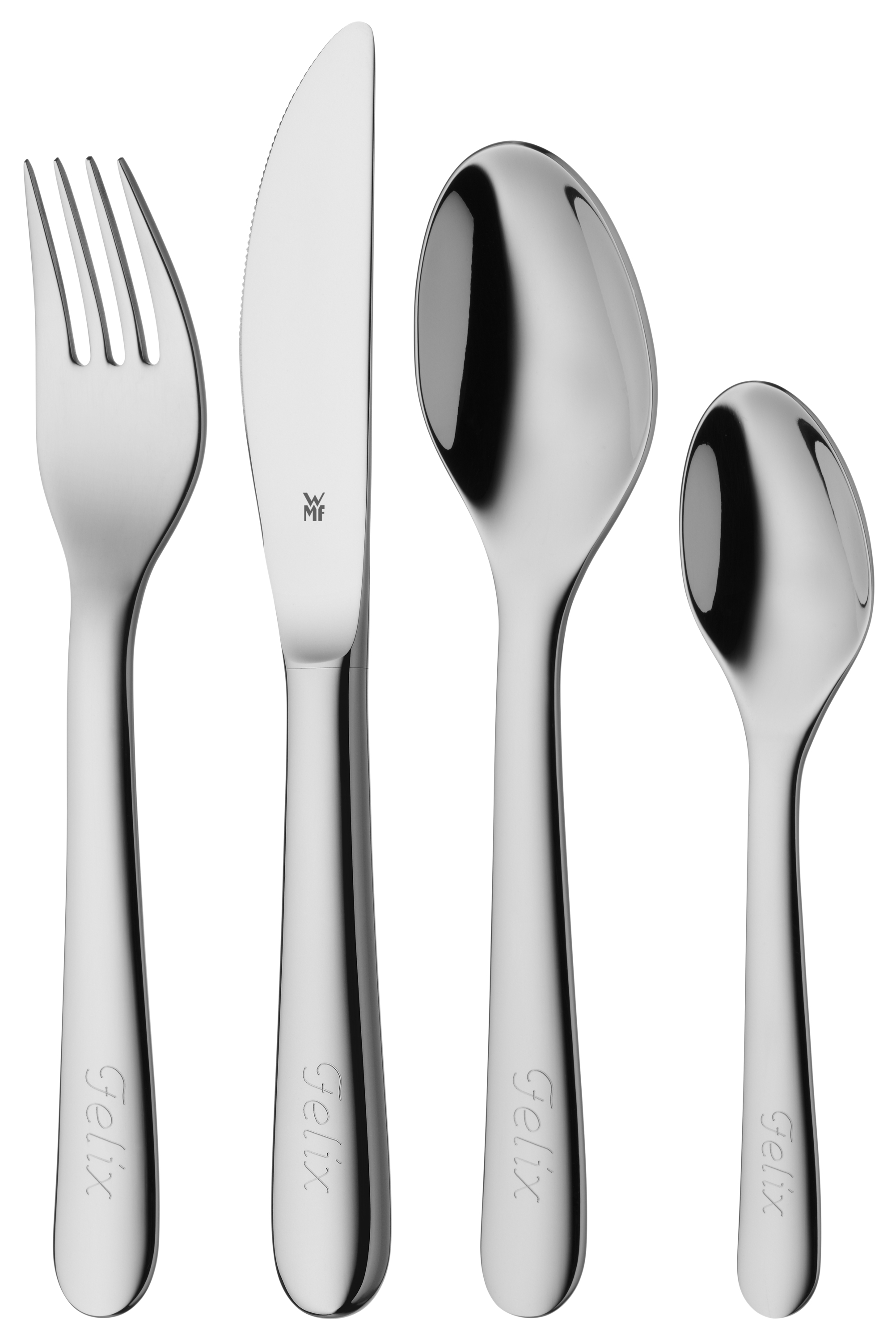 WMF Kinderbesteck-Set Gravur, 4-teilig in poliertem Edelstahl WMF Kinderbesteck-Set Gravur, 4-teilig in poliertem Edelstahl
