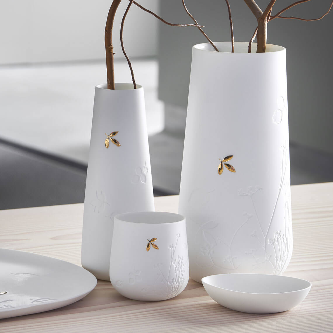 Vase groß GOLDBLATT in Farbe weiß, weiße vase, vase set, porzellan, Goldakzente, blumenmuster