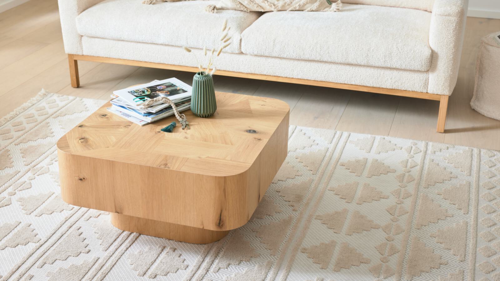 Roomio Couchtisch NO. 2002 ca. 70x70cm mit Platte aus Patchwork-Design, Eiche Echtholzfurnier natur