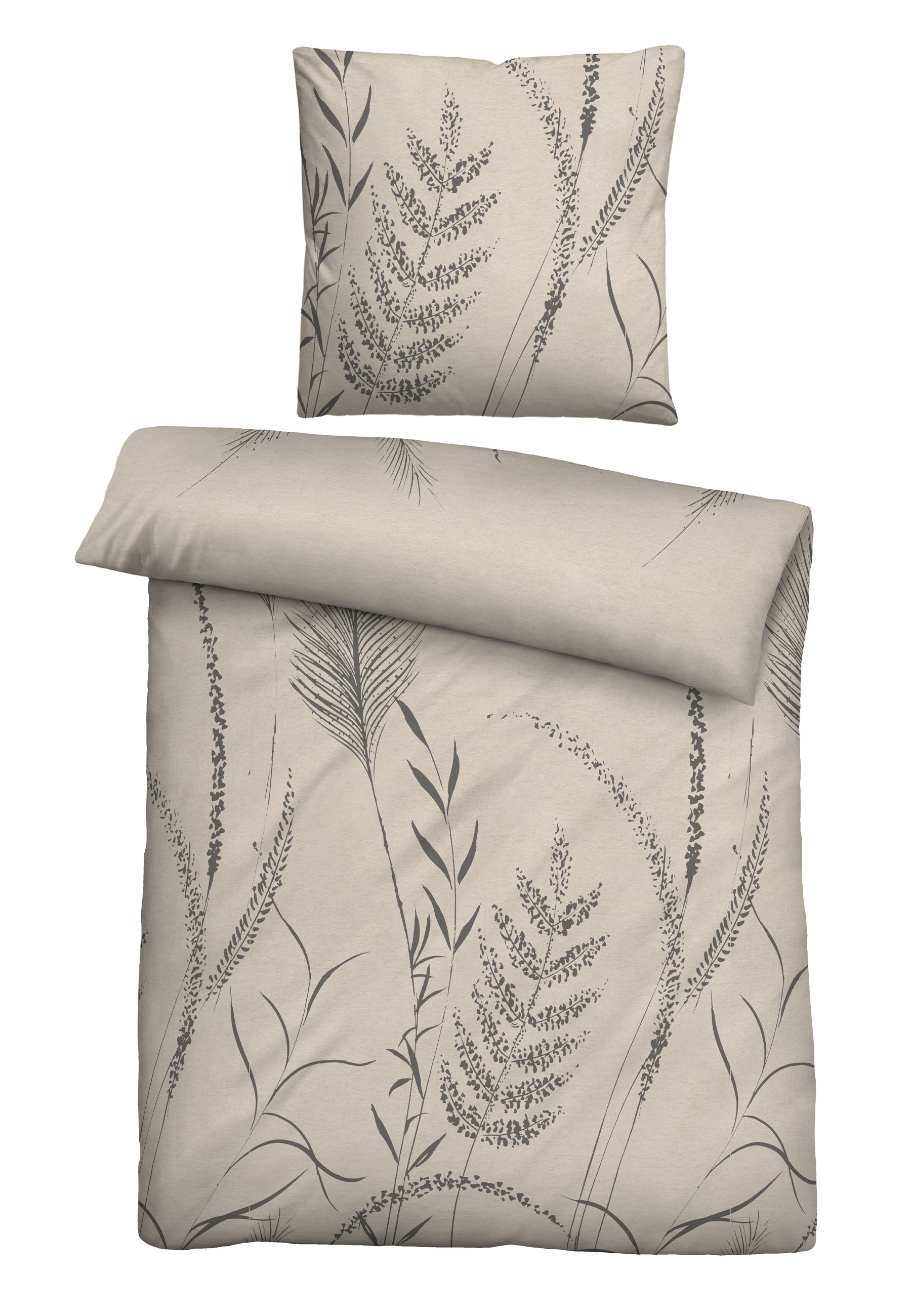 Biberna Melange-Flanell-Bettwäsche ca. 155x220cm in Farbe Kitt, Bettwäsche, Kissenbezug, Beige, Pflanzenmuster, Leinenoptik