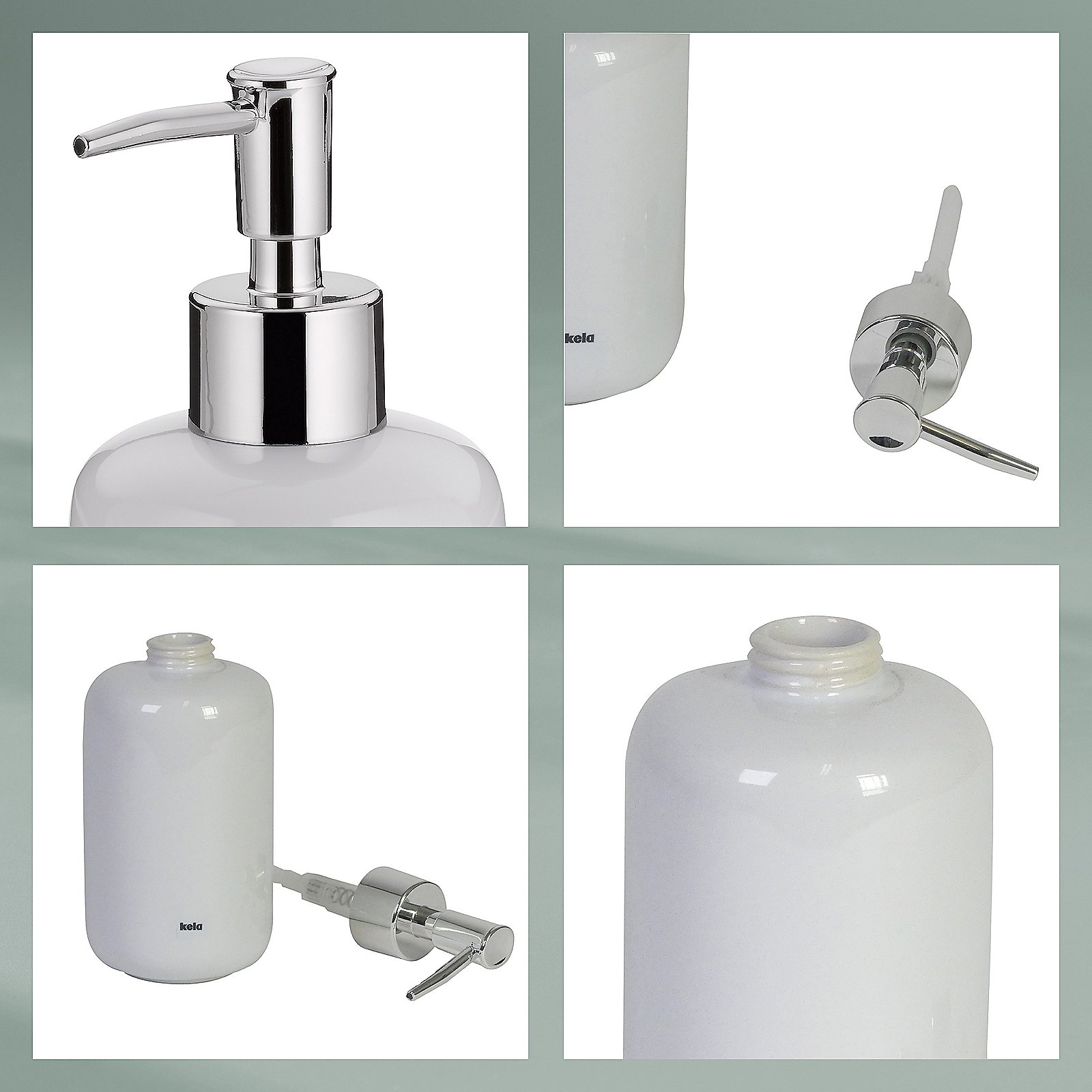 Kela Seifenspender Isabella Keramik Weiß, Seifenspender, Kunststoffflasche, Chrom, Pumpenspender, Nachfüllflasche, Seifenspender, Chrom, Spender, Flasche, Gehäuse