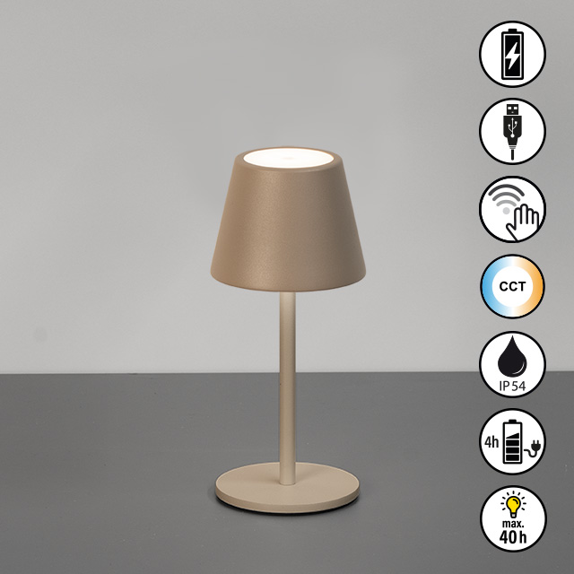 FH Lighting LED-Tischleuchte SALERNO in Metall grau-braun, Tischlampe, Stehlampe, Beige, Holzfuß, Schirm aus Stoff