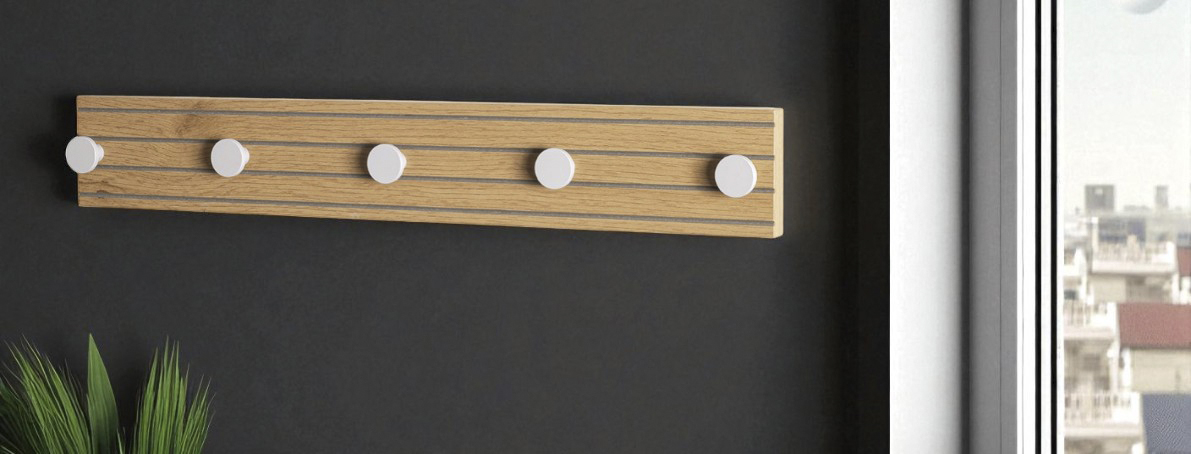 Garderobenleiste POLAR in Holzfarben, Wandhaken, Holzleiste, Hakenleiste, Vierhaken, Wandaufhänger, Wandgarderobe, Hakenleiste, Holz, weiße Haken, Kleiderhaken