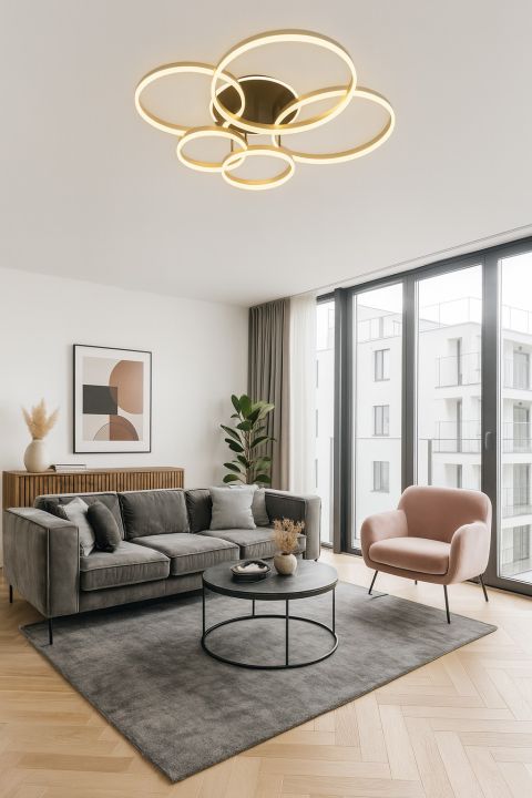 Global Technics LED-Deckenleuchte SCHENNA 1-flammig in Farbe schwarz+gold, Wohnzimmer, Deckenleuchte, Sofa, Teppich, Sessel, Couchtisch, große Fenster