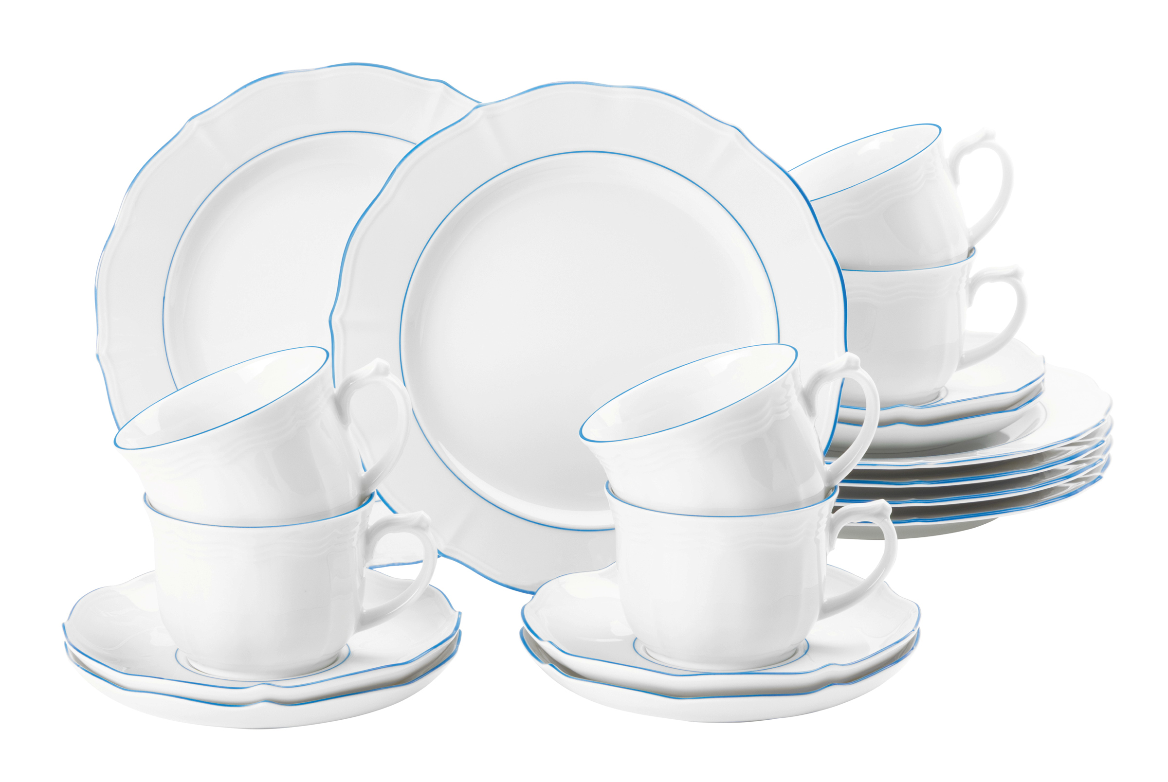 Seltmann Weiden Kaffeeservice 18-teilig Sonate 10917 Blue Lines , Teller, Tassen, Kaffeetafel-Set, Porzellan, Blaues Randband